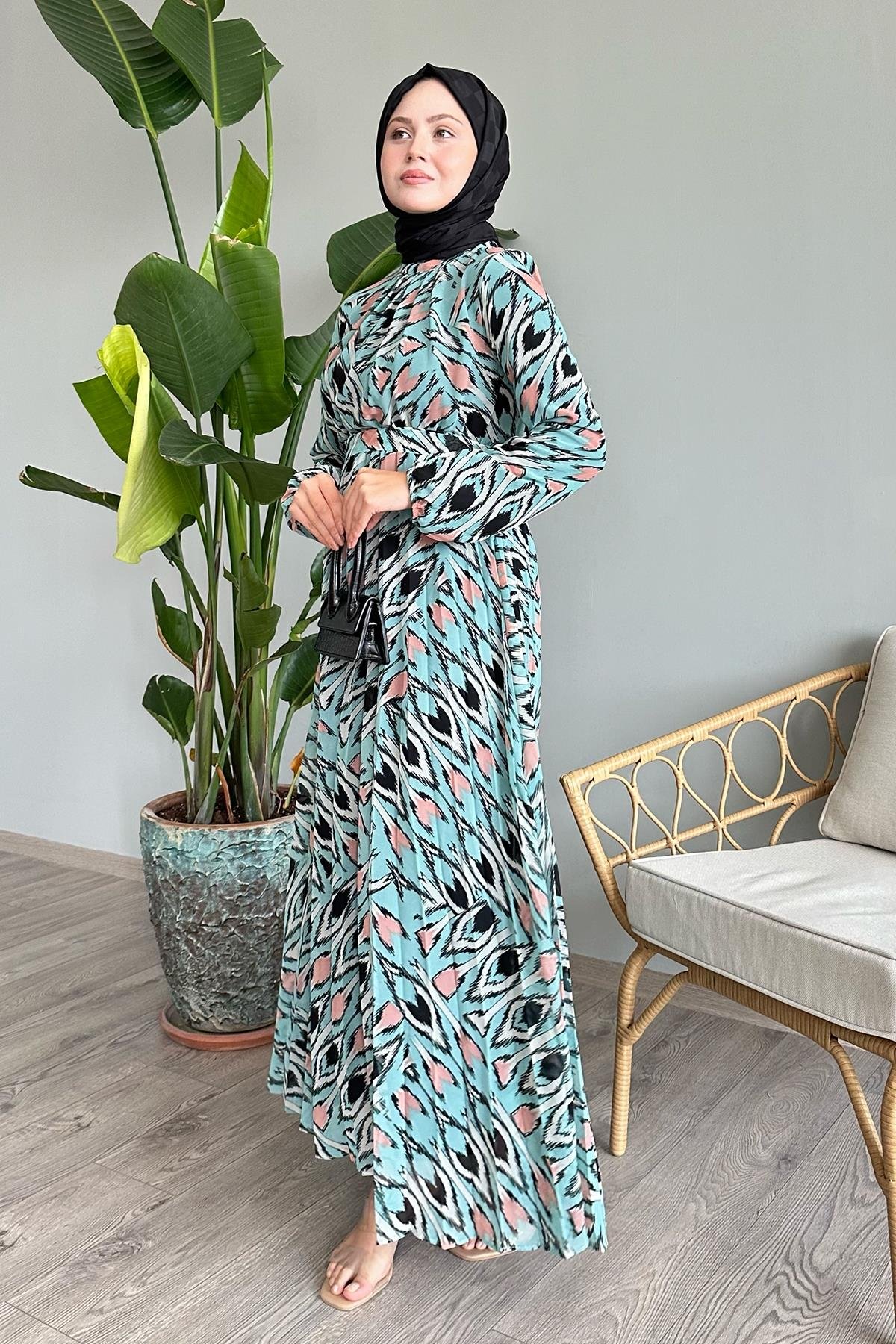 Soyut Fırça Desen Mint Şifon Elbise