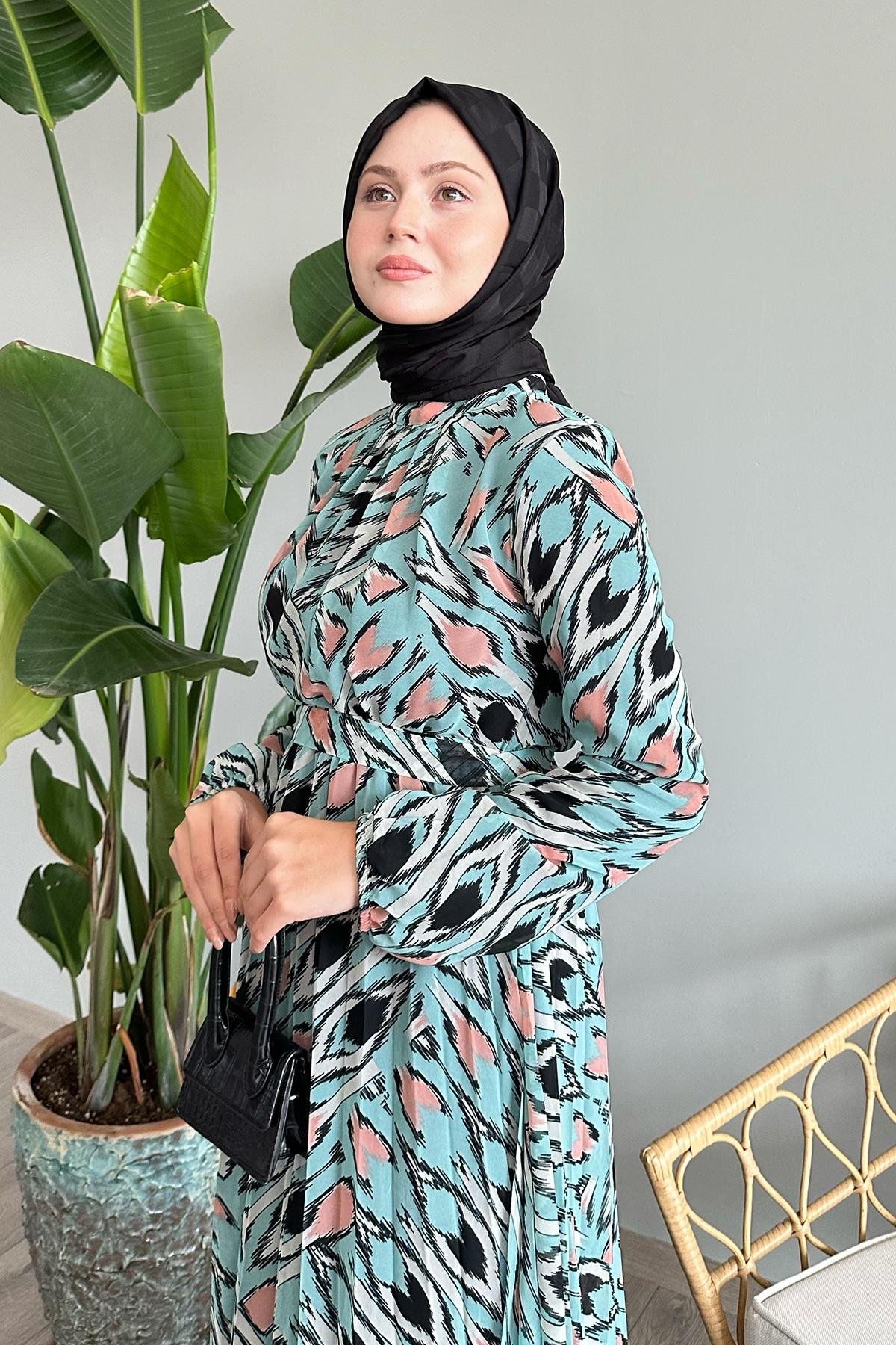 Soyut Fırça Desen Mint Şifon Elbise