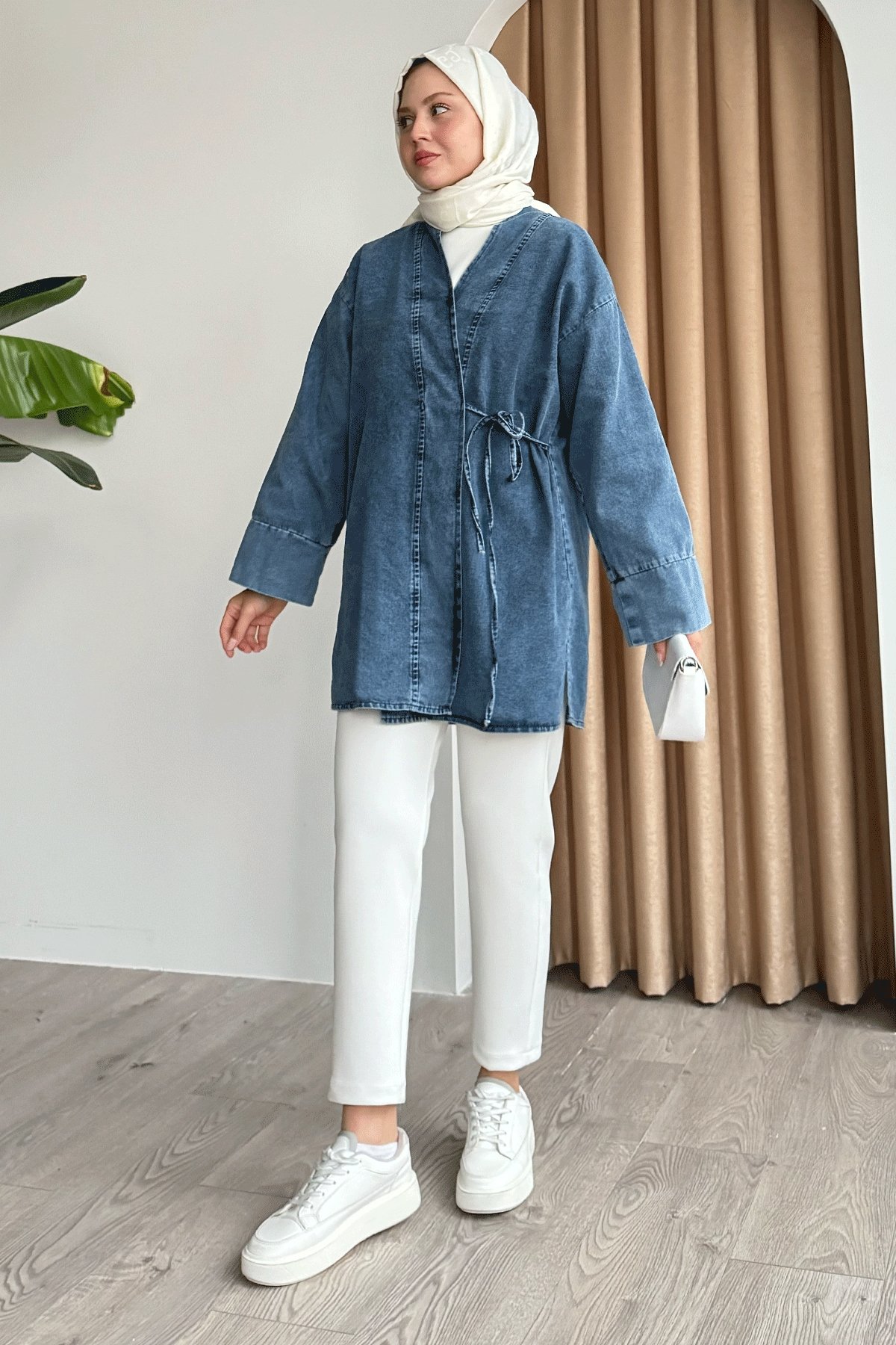 Yandan Bağlamalı Kot Mavi Kimono