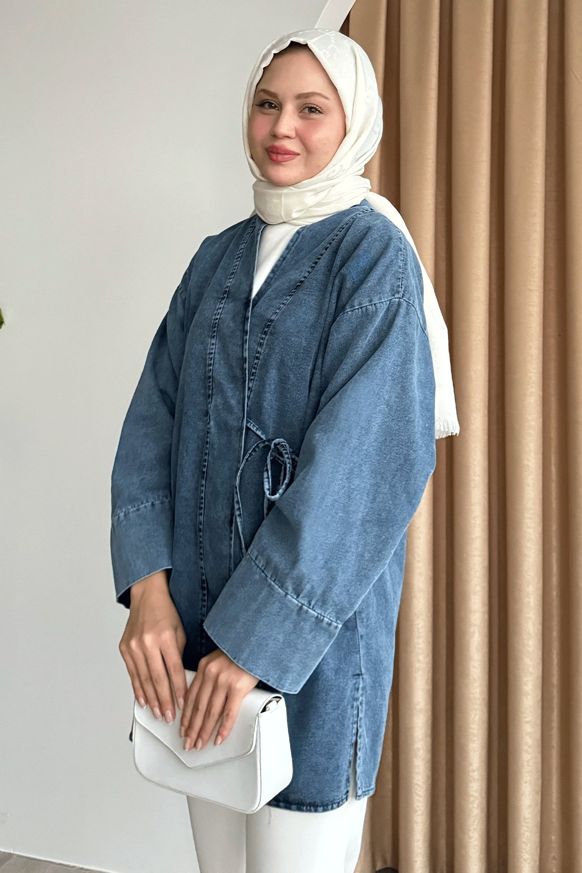 Yandan Bağlamalı Kot Mavi Kimono