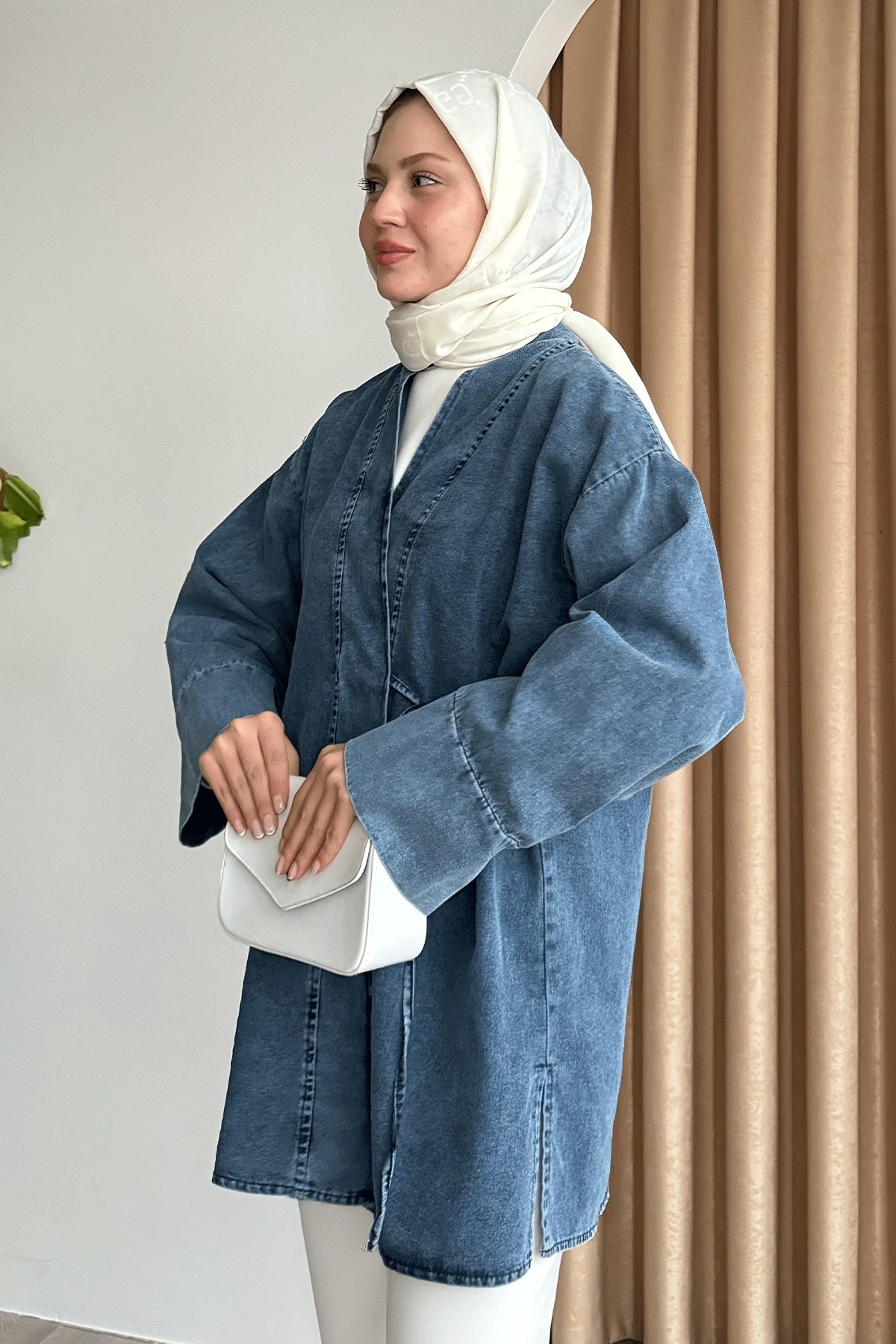 Yandan Bağlamalı Kot Mavi Kimono