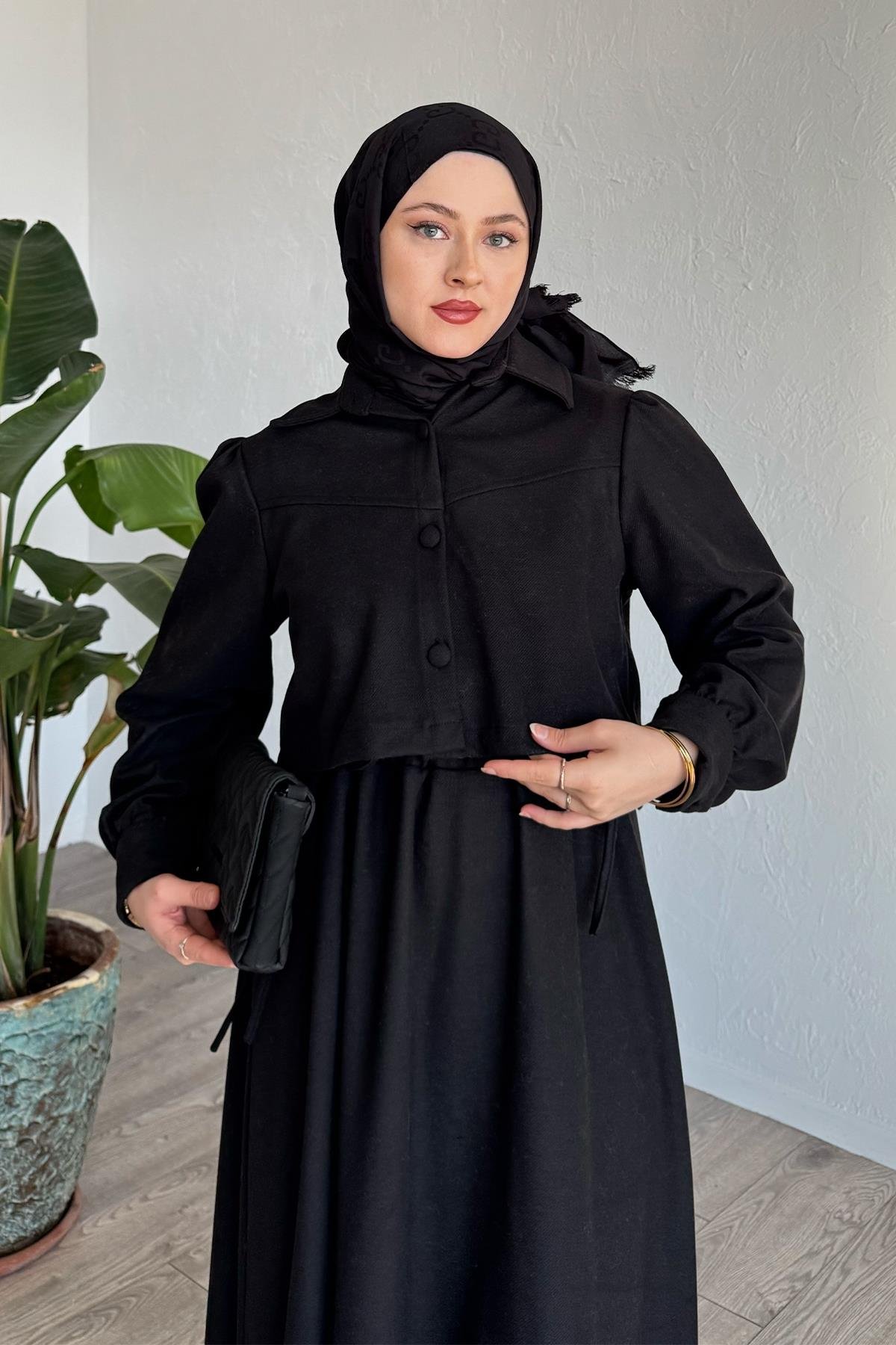 Yandan Büzgülü Jileli Ceket Siyah Takım
