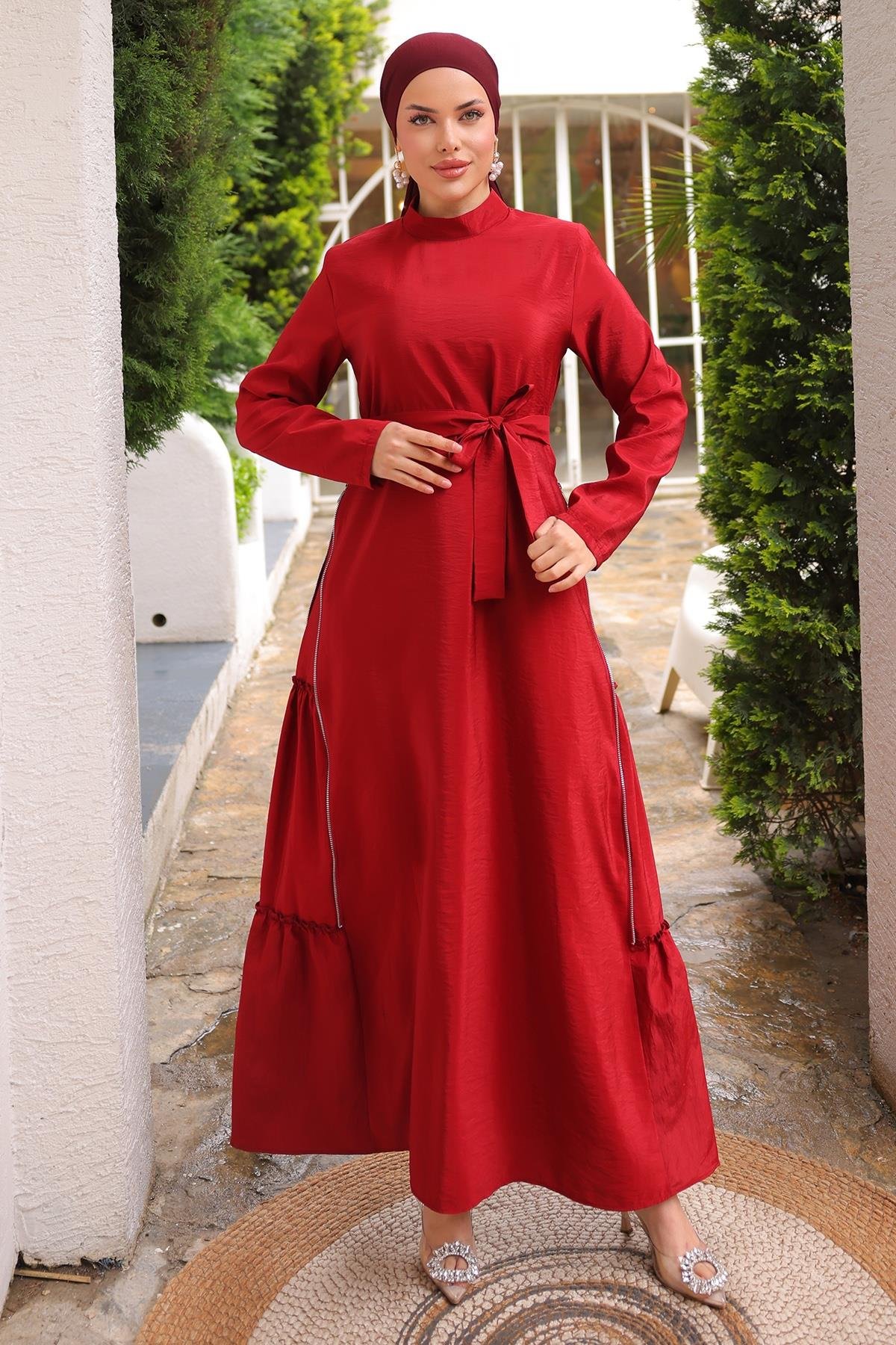 Yandan Fermuar Detaylı Modal Bordo Elbise