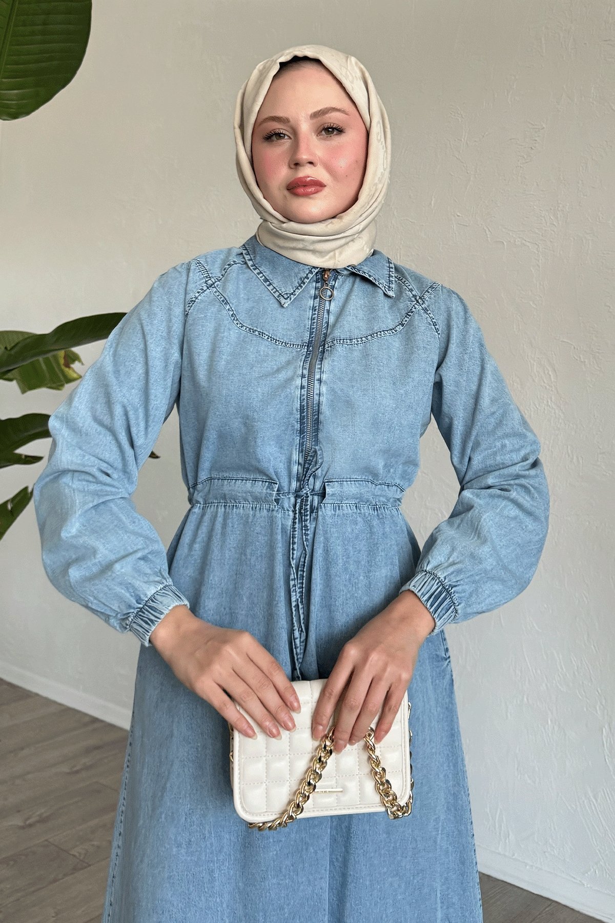 Yarı Fermuarlı Tünel Kemer Mavi Kot Elbise