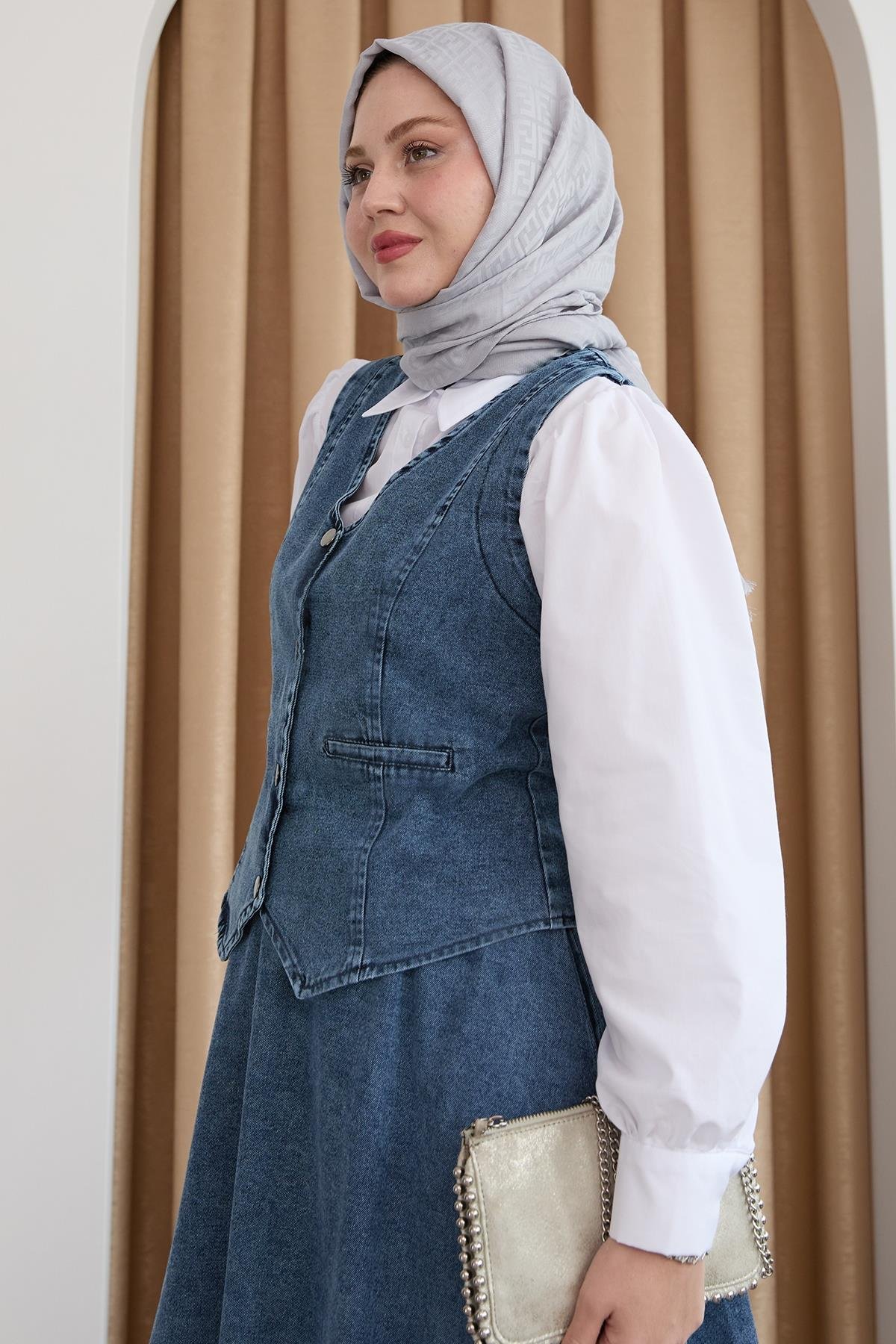 Yelekli Etekli Buz Mavisi Üçlü Kot Takım