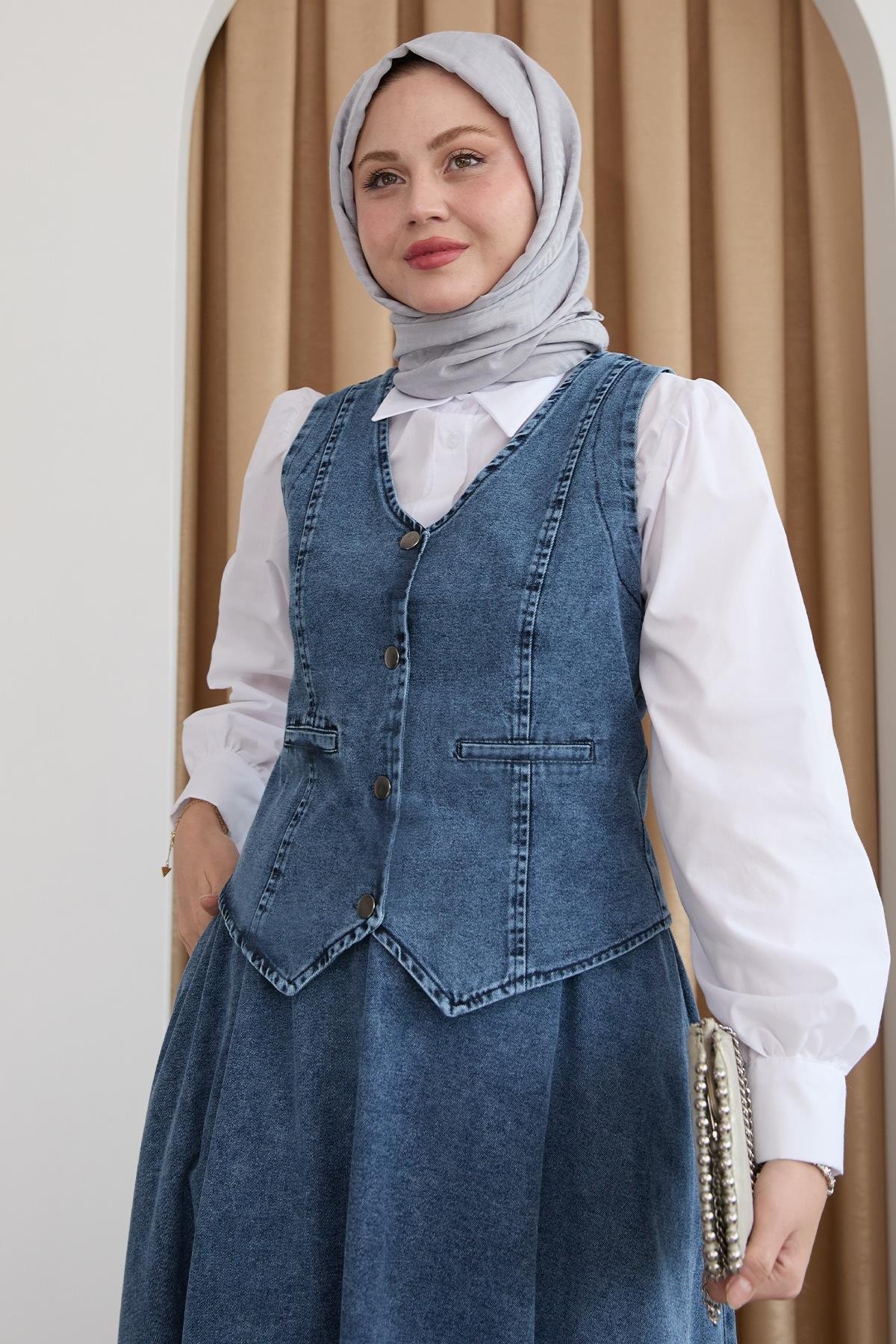 Yelekli Etekli Buz Mavisi Üçlü Kot Takım