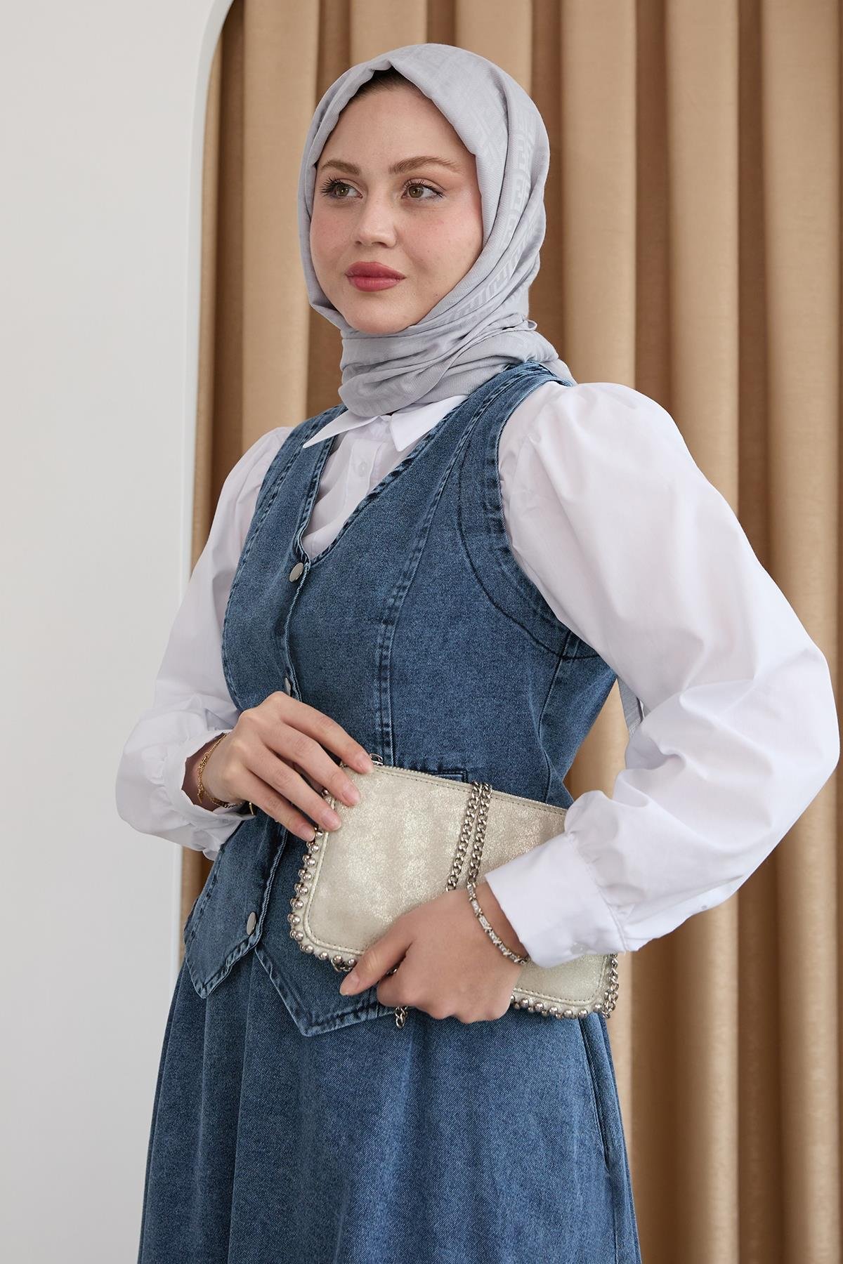 Yelekli Etekli Buz Mavisi Üçlü Kot Takım