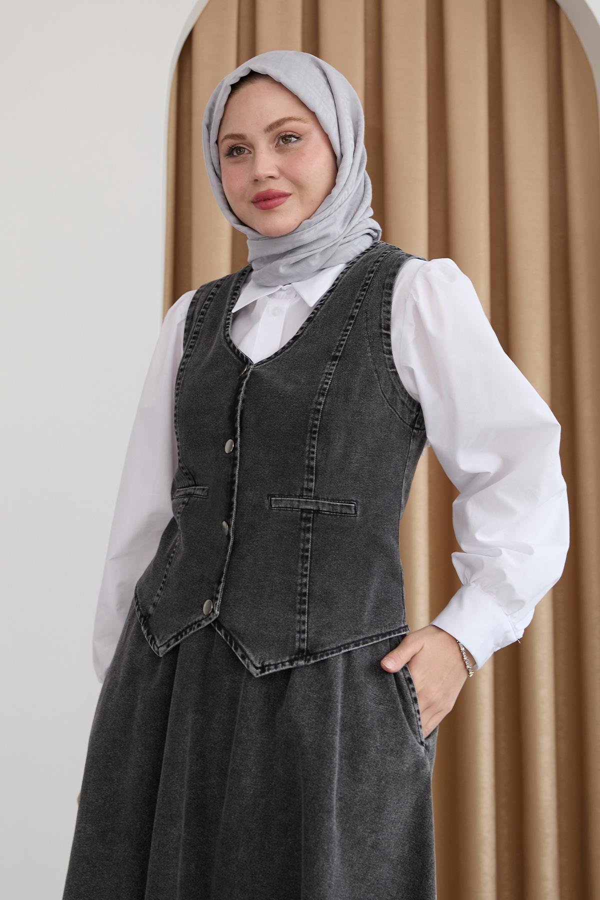 Yelekli Etekli Siyah Üçlü Kot Takım