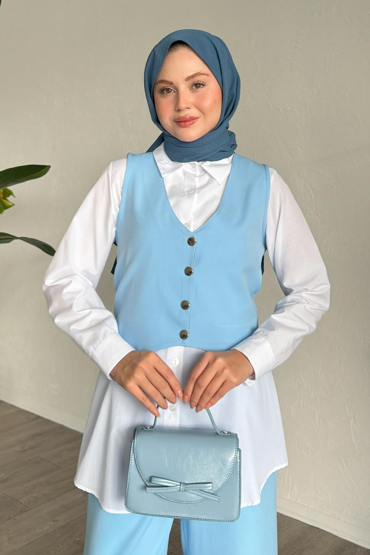 Yelekli Üçlü Takım Bebek Mavisi