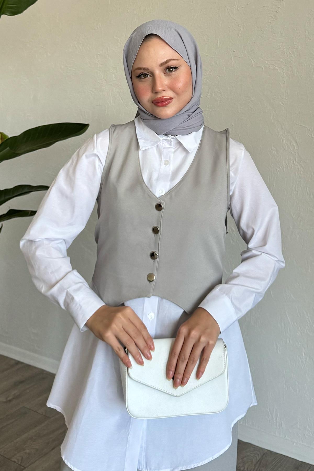Yelekli Üçlü Takım Gri