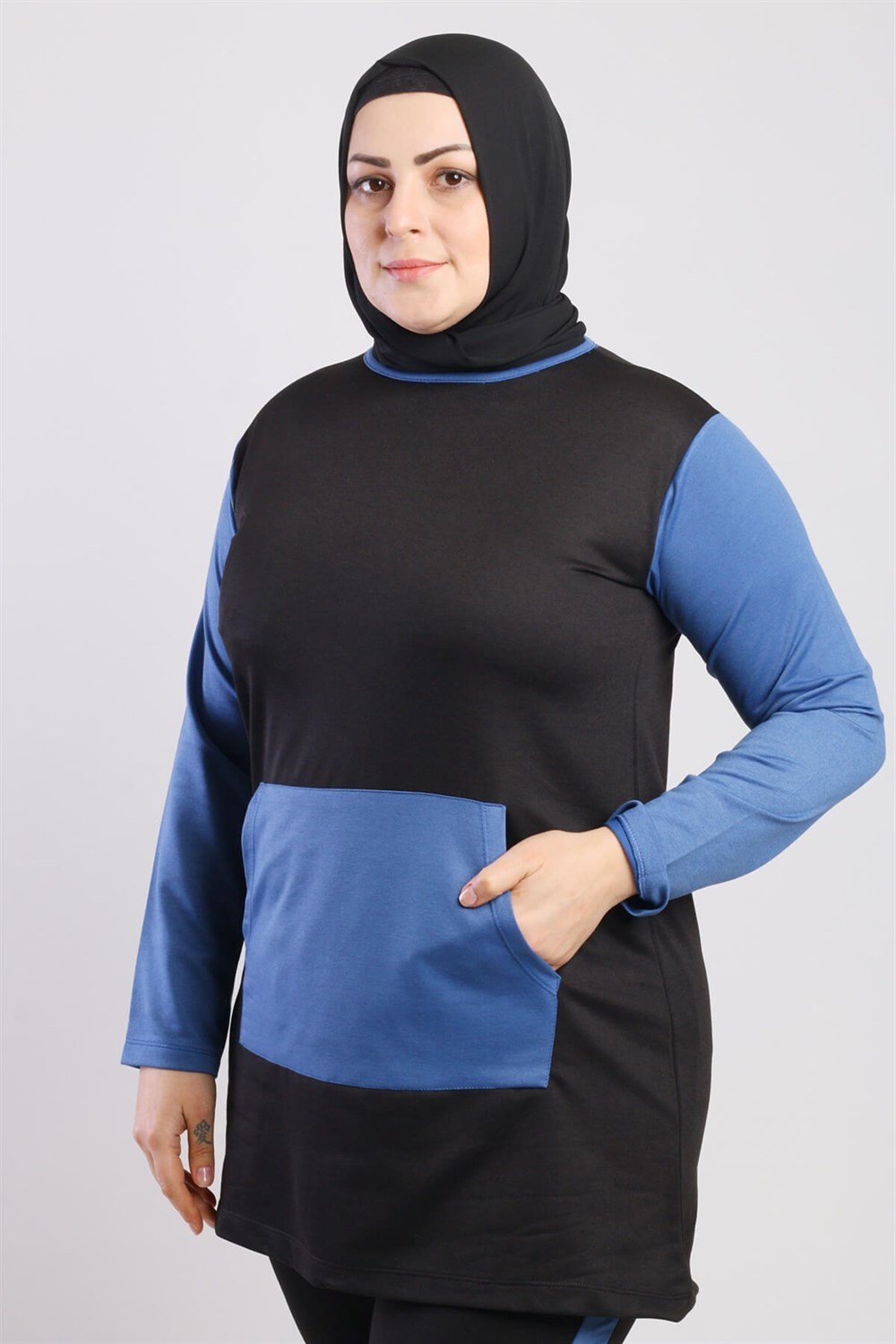 Siyah İndigo Garnili Kanguru Cep Takım
