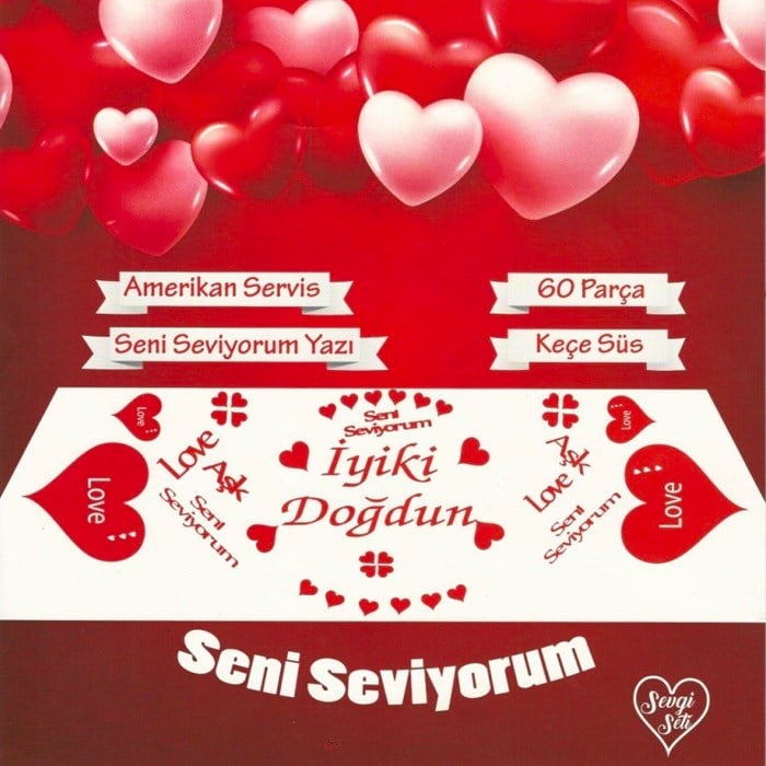60 Parça Romantik Doğum Günü Masa Süslemesi Kırmızı Keçe Seti 2 Kişilik 