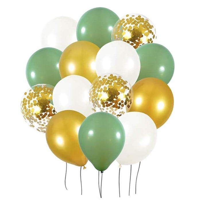 Küf Yeşili Gold Beyaz Metalik Konfetili Balon Seti 16 Adet