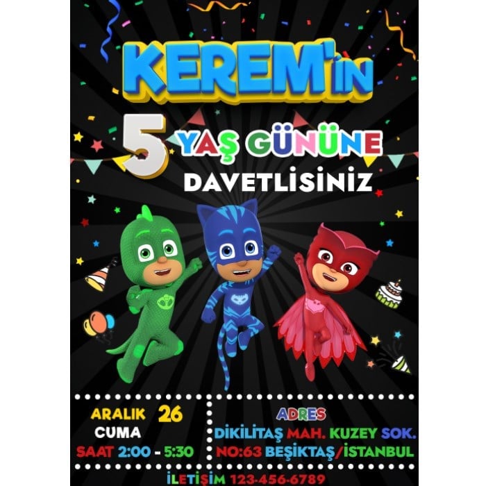 Pj Masks Konsepti Kişiye Özel Davetiye