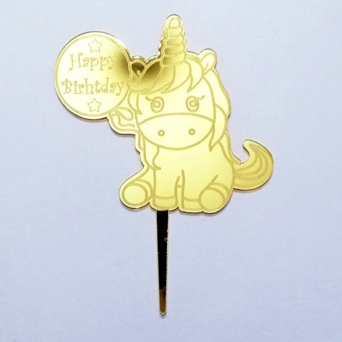 Pleksi Ayna Unicorn Happy Birthday Altın Pasta Süsü