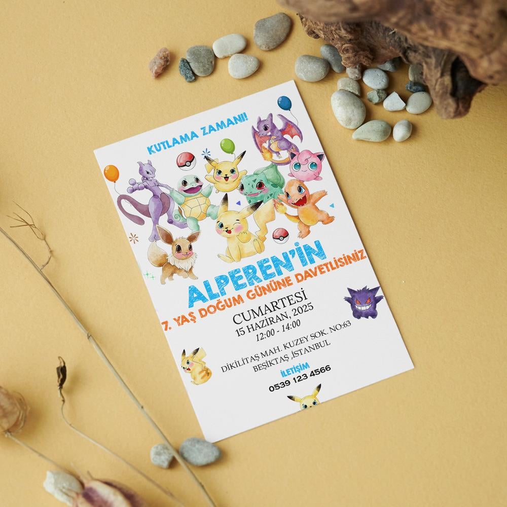 Pokemon Temalı Doğum Günü Davetiyesi 8'li