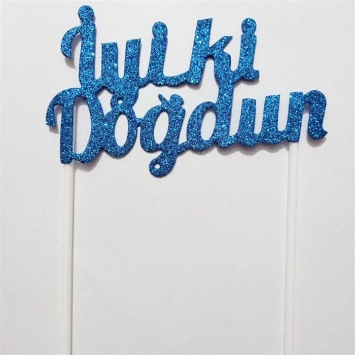 Simli İyi ki Doğdun Mavi Pasta Süsü - 18 Cm