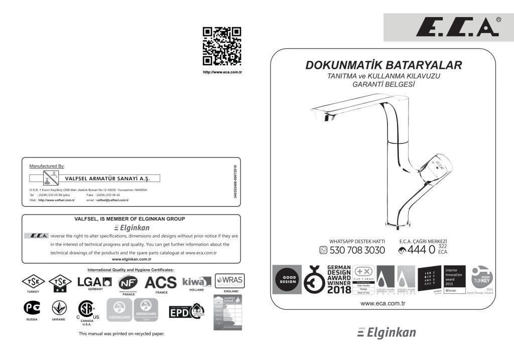 ECA Myra Dokunmatik Yüksek Tip Lavabo Bataryası 102188030H