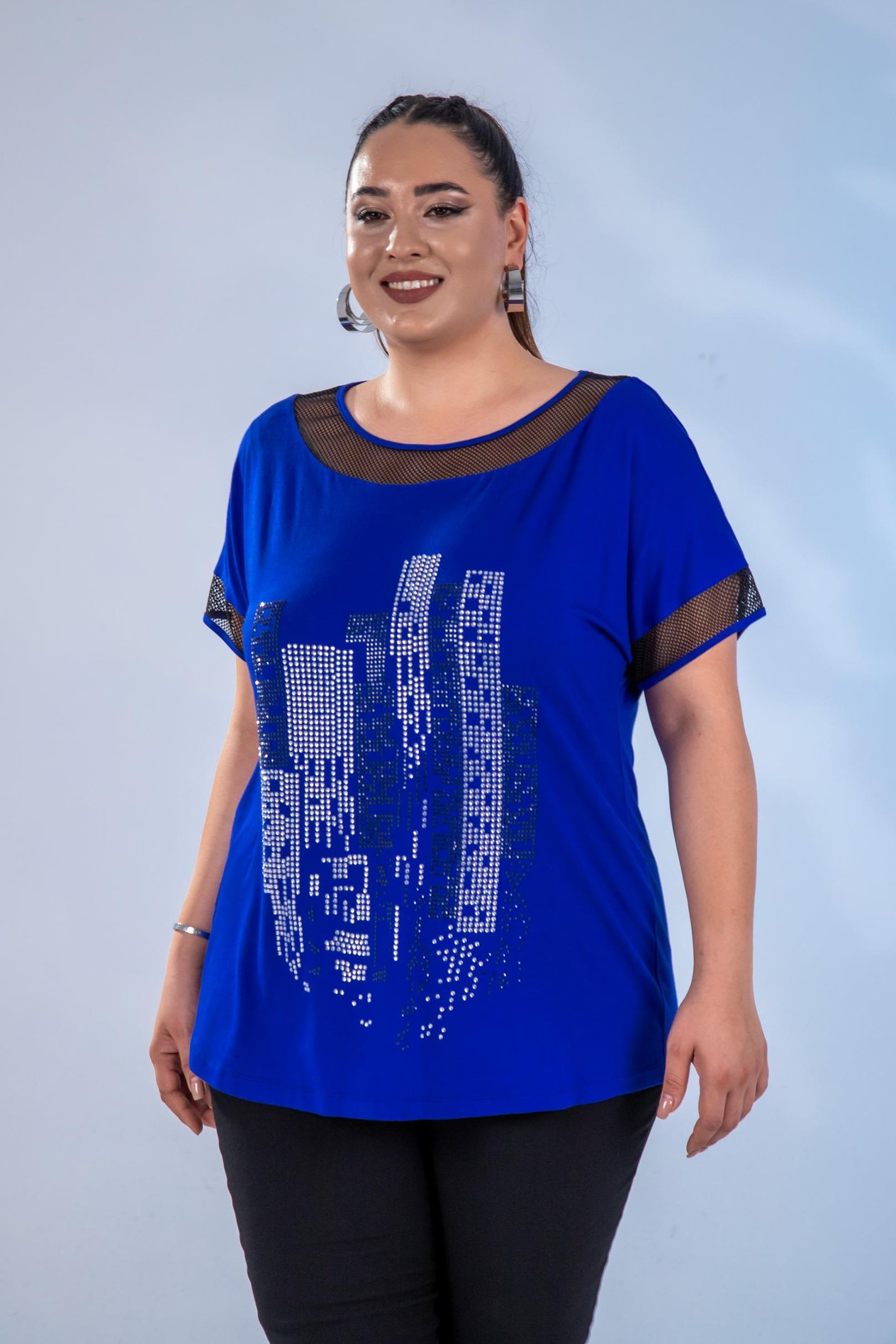 Büyük Beden 1111042 Taş  Detaylı Bluz  Saks