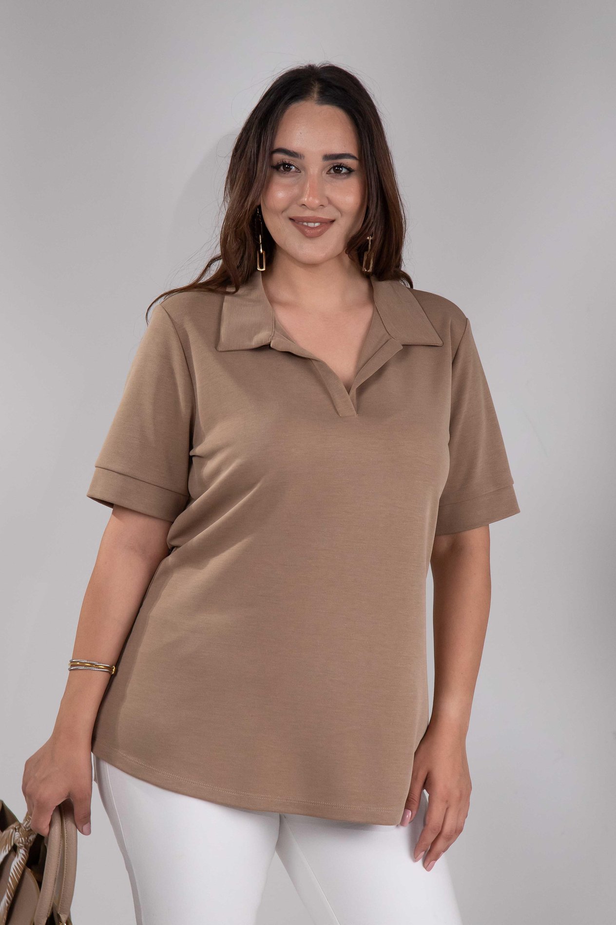 Büyük Beden 1112038 Gömlek Yaka Bluz Camel