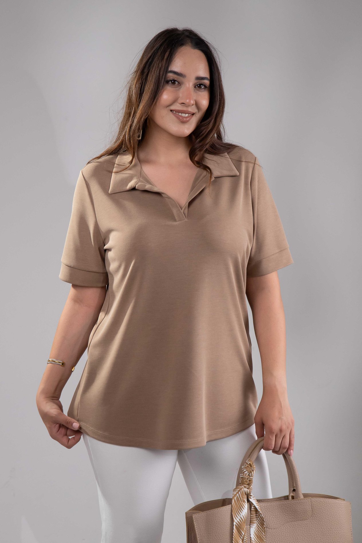 Büyük Beden 1112038 Gömlek Yaka Bluz Camel