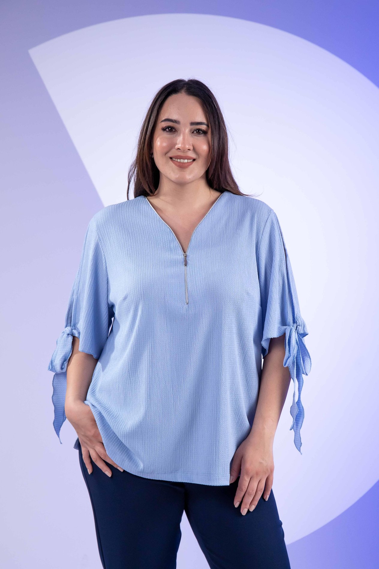 Büyük Beden 1112048 Bürümcüklü Fermuarlı Bluz Açık Mavi