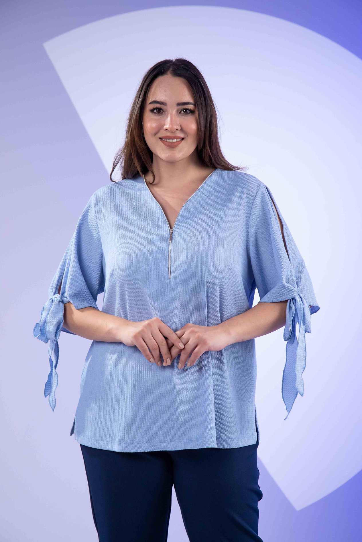 Büyük Beden 1112048 Bürümcüklü Fermuarlı Bluz Açık Mavi