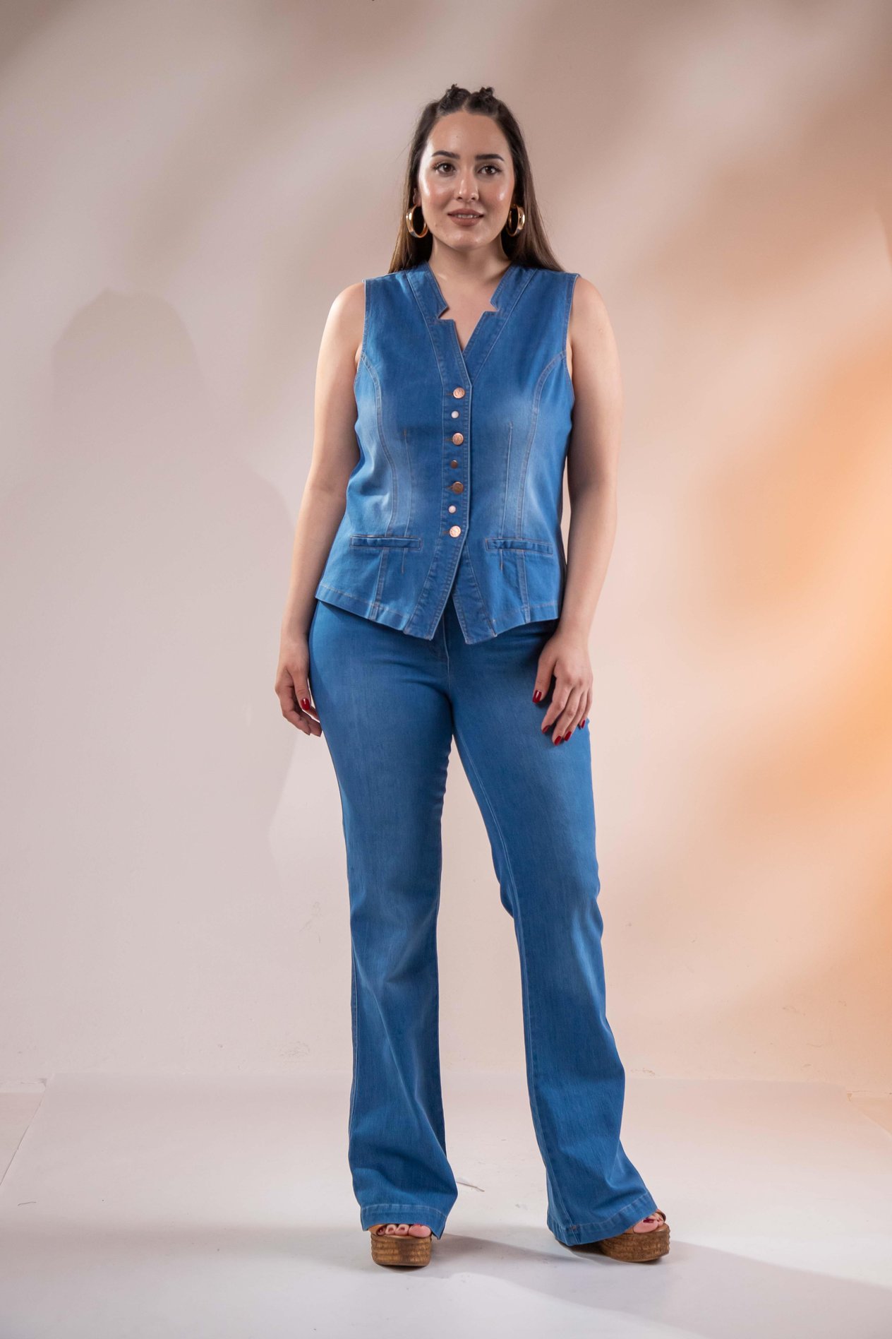 Büyük Beden 112063 Cep Detaylı Denim Yelek  Mavi