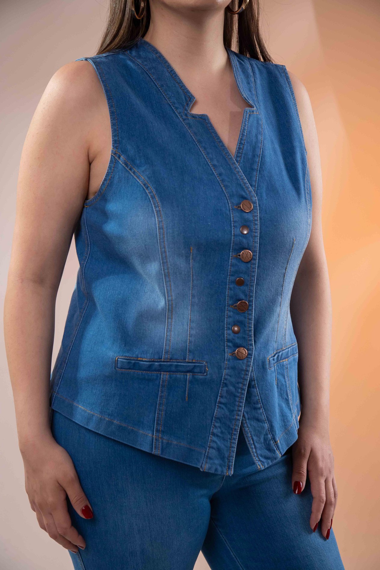 Büyük Beden 112063 Cep Detaylı Denim Yelek  Mavi