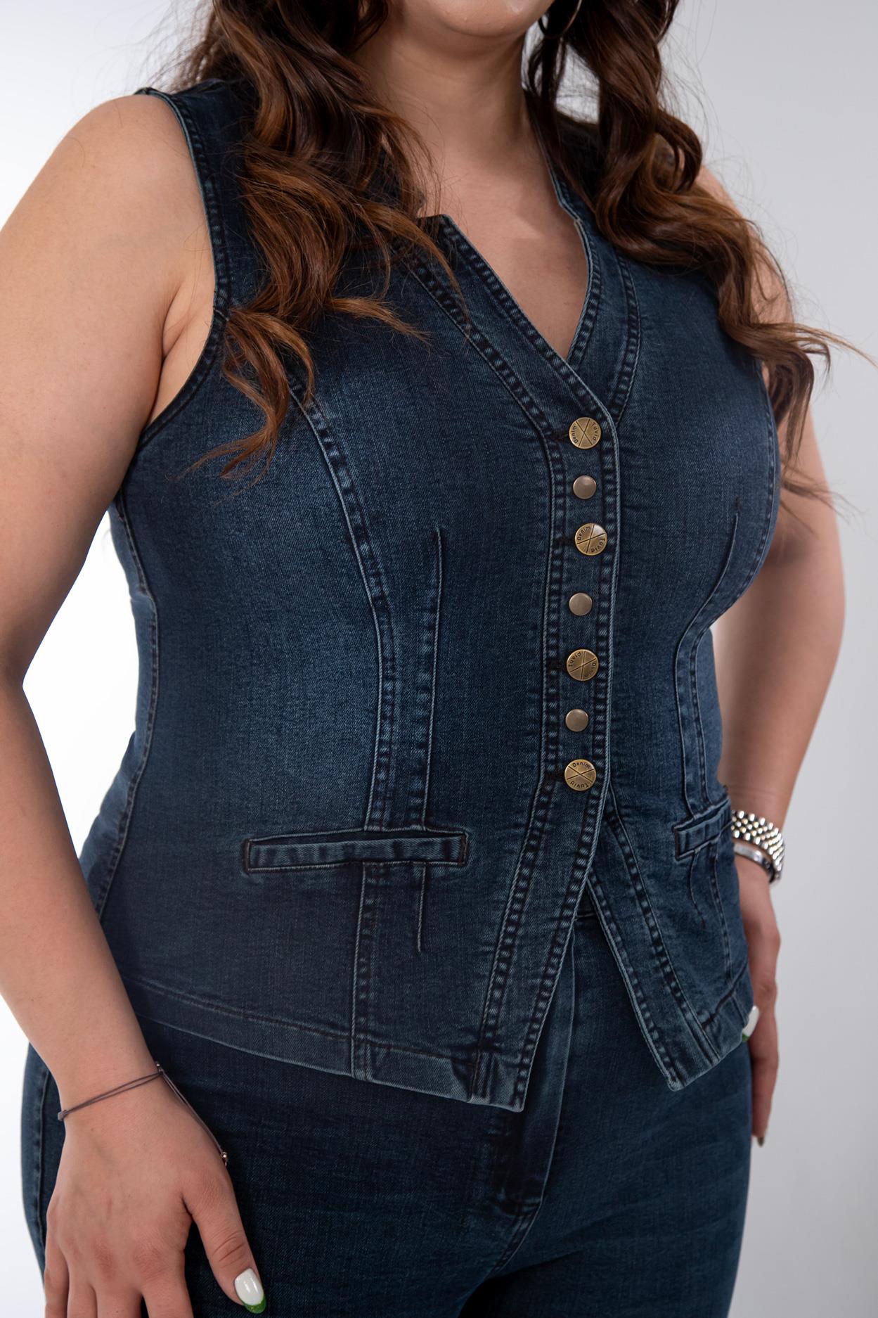 Büyük Beden 112063 Cep Detaylı Denim Yelek  Tobacco