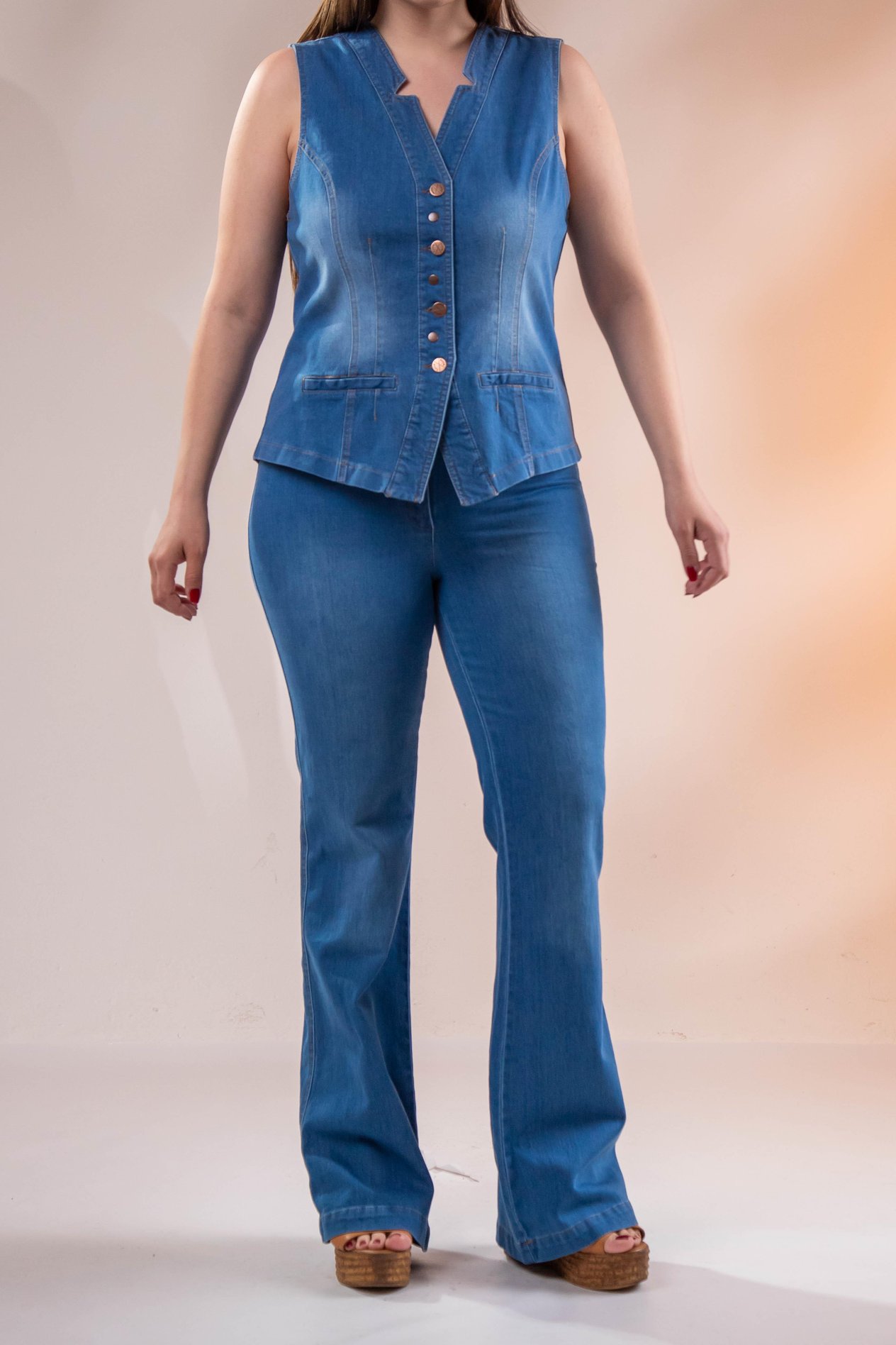Büyük Beden 112063 Cep Detaylı Denim Yelek  Mavi