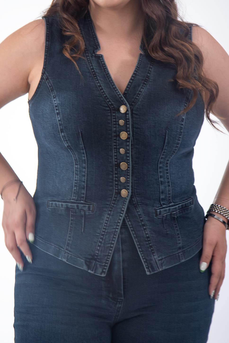 Büyük Beden 112063 Cep Detaylı Denim Yelek  Tobacco