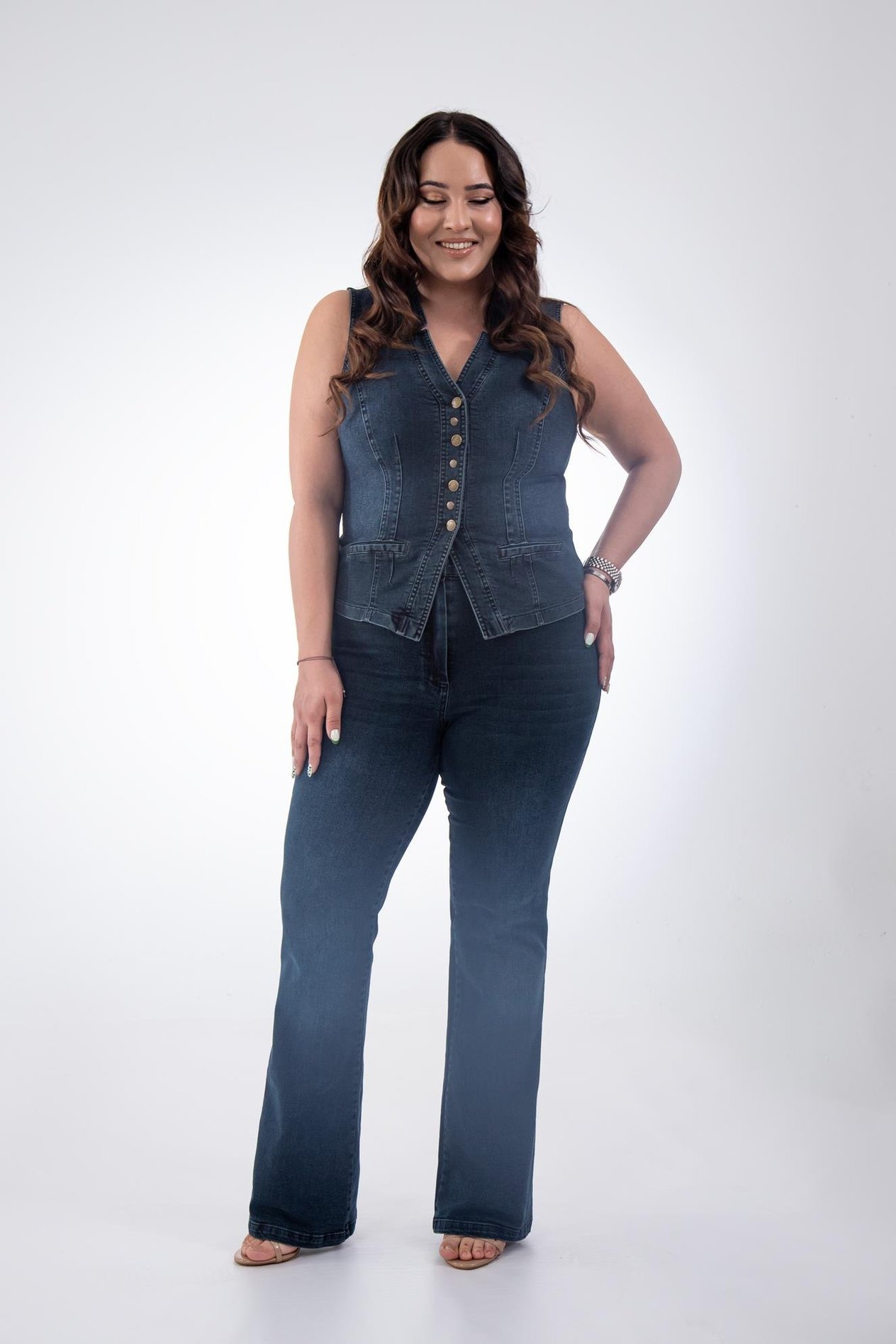 Büyük Beden 112063 Cep Detaylı Denim Yelek  Tobacco