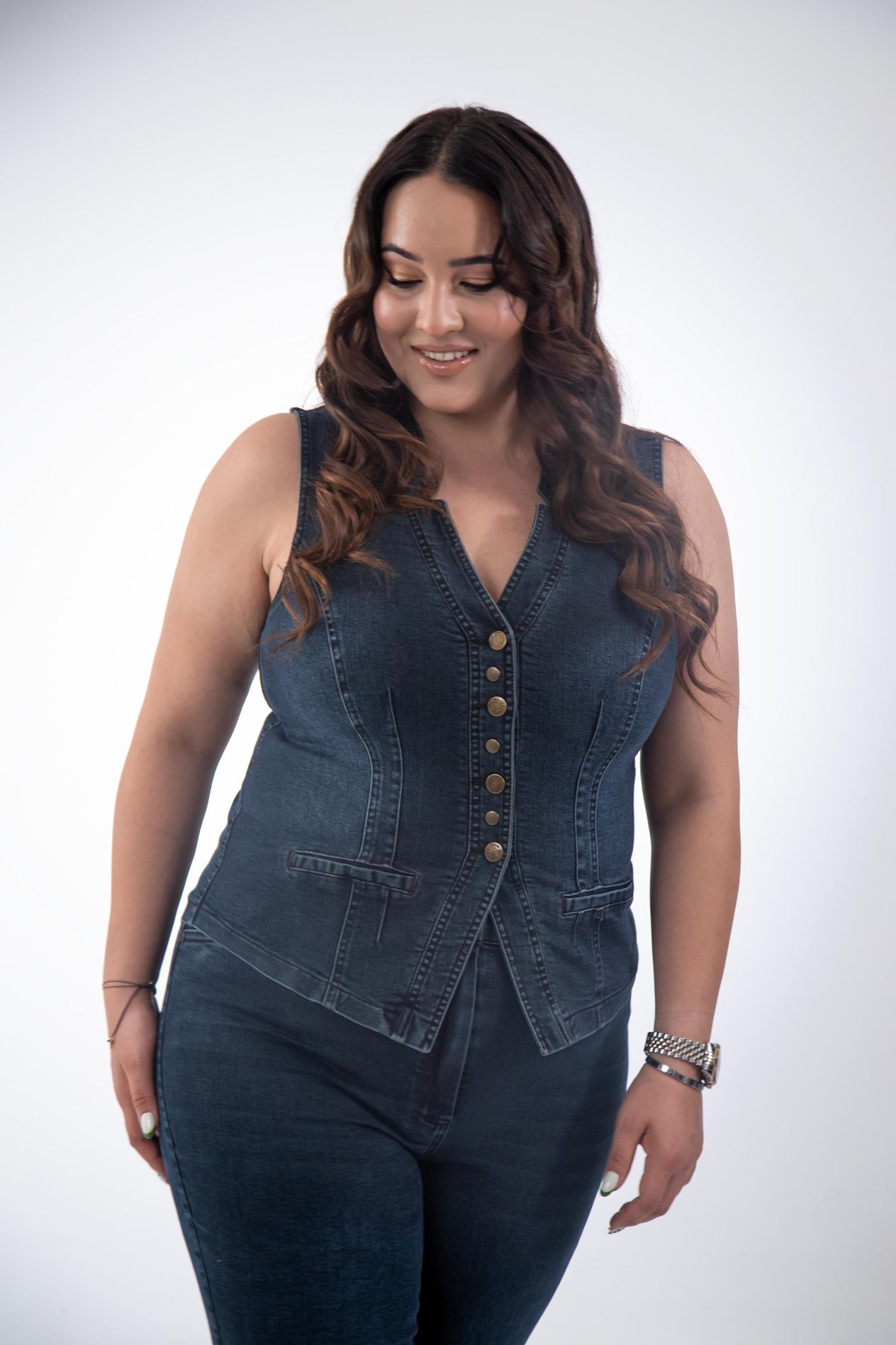 Büyük Beden 112063 Cep Detaylı Denim Yelek  Tobacco