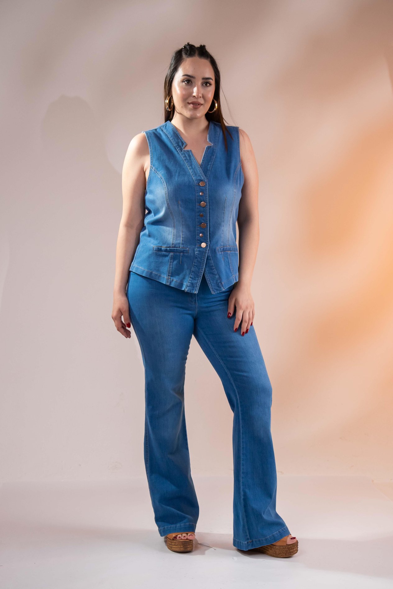 Büyük Beden 112063 Cep Detaylı Denim Yelek  Mavi