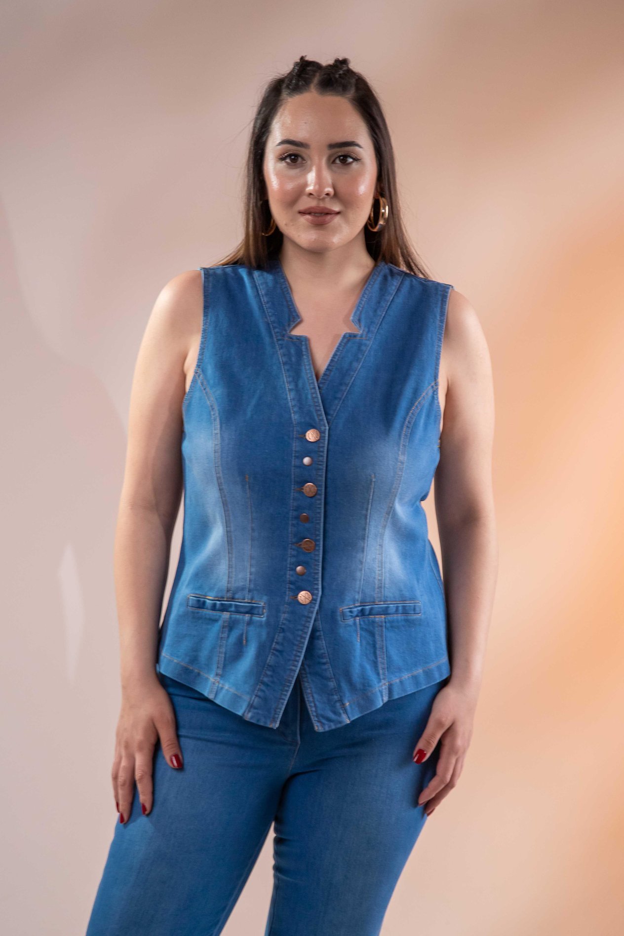Büyük Beden 112063 Cep Detaylı Denim Yelek  Mavi