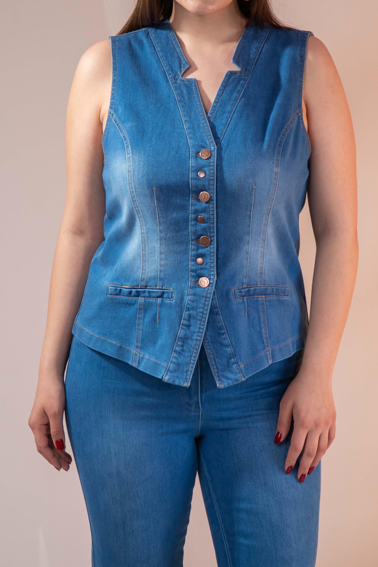 Büyük Beden 112063 Cep Detaylı Denim Yelek  Mavi