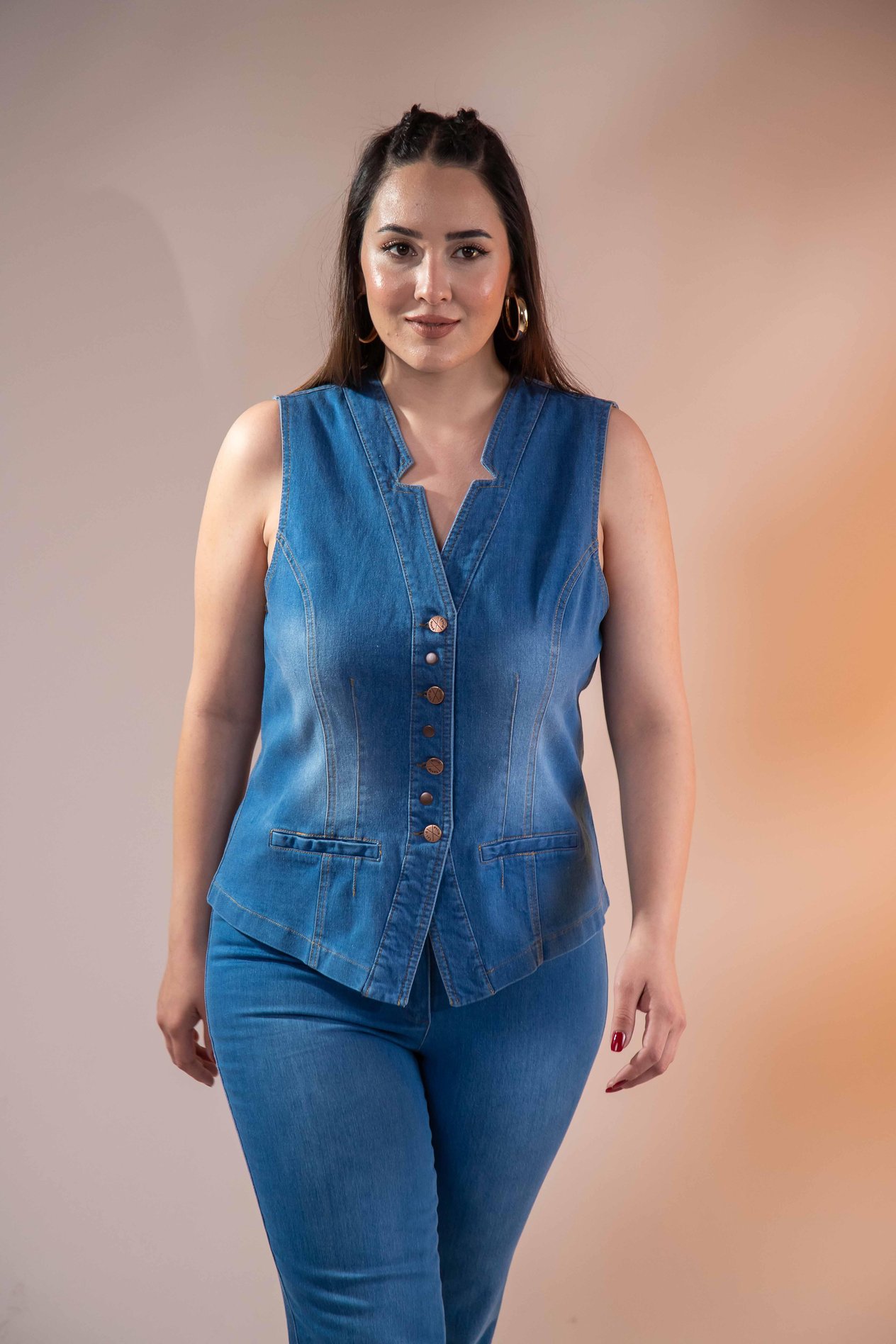 Büyük Beden 112063 Cep Detaylı Denim Yelek  Mavi