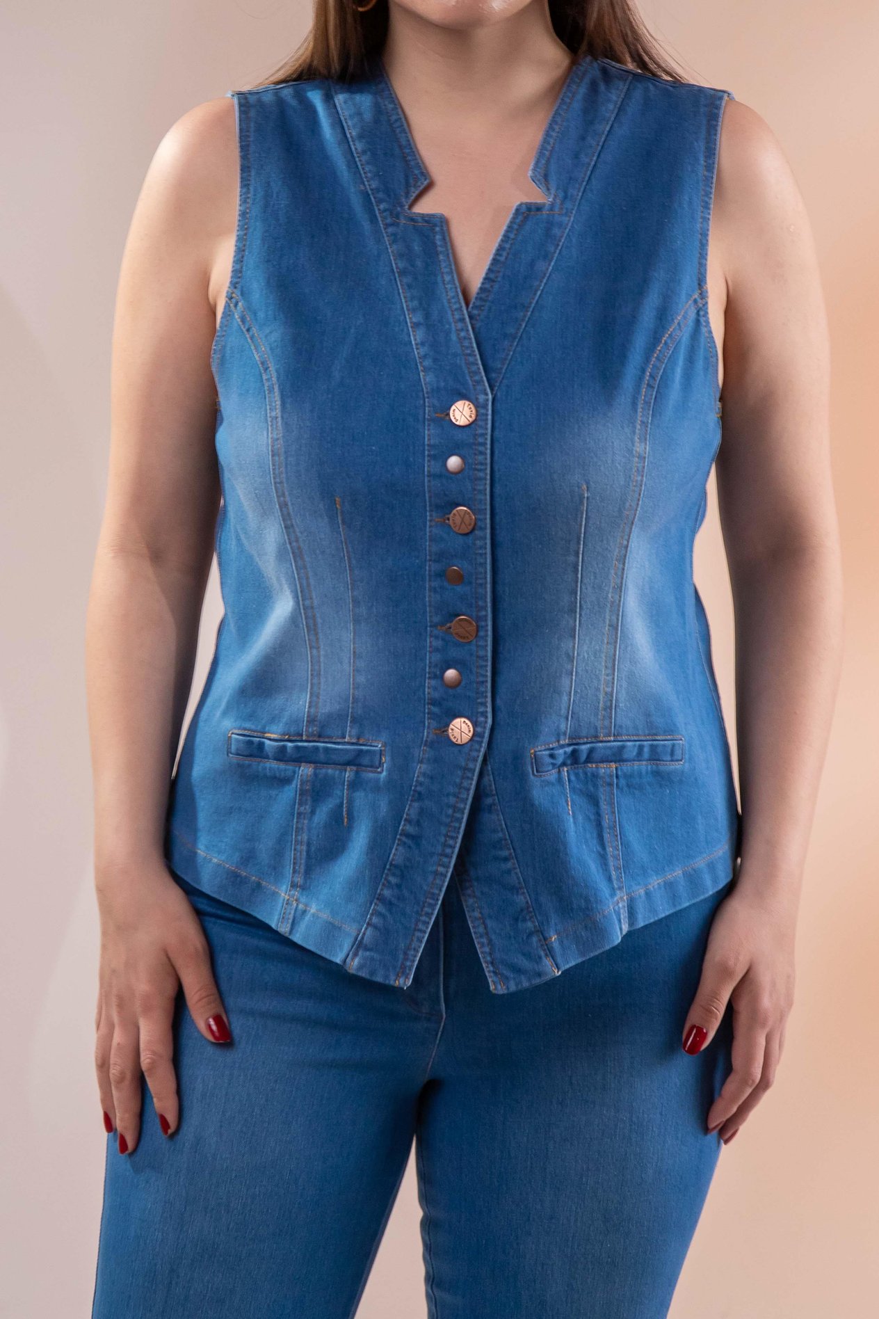 Büyük Beden 112063 Cep Detaylı Denim Yelek  Mavi