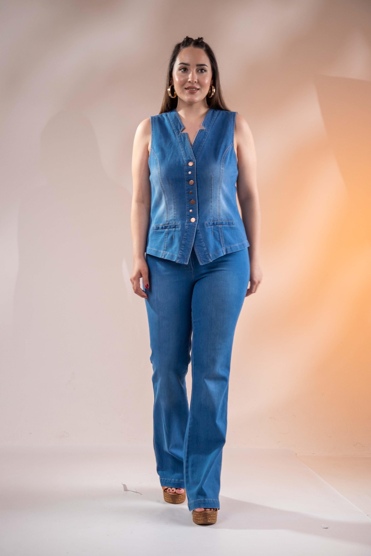 Büyük Beden 112063 Cep Detaylı Denim Yelek  Mavi
