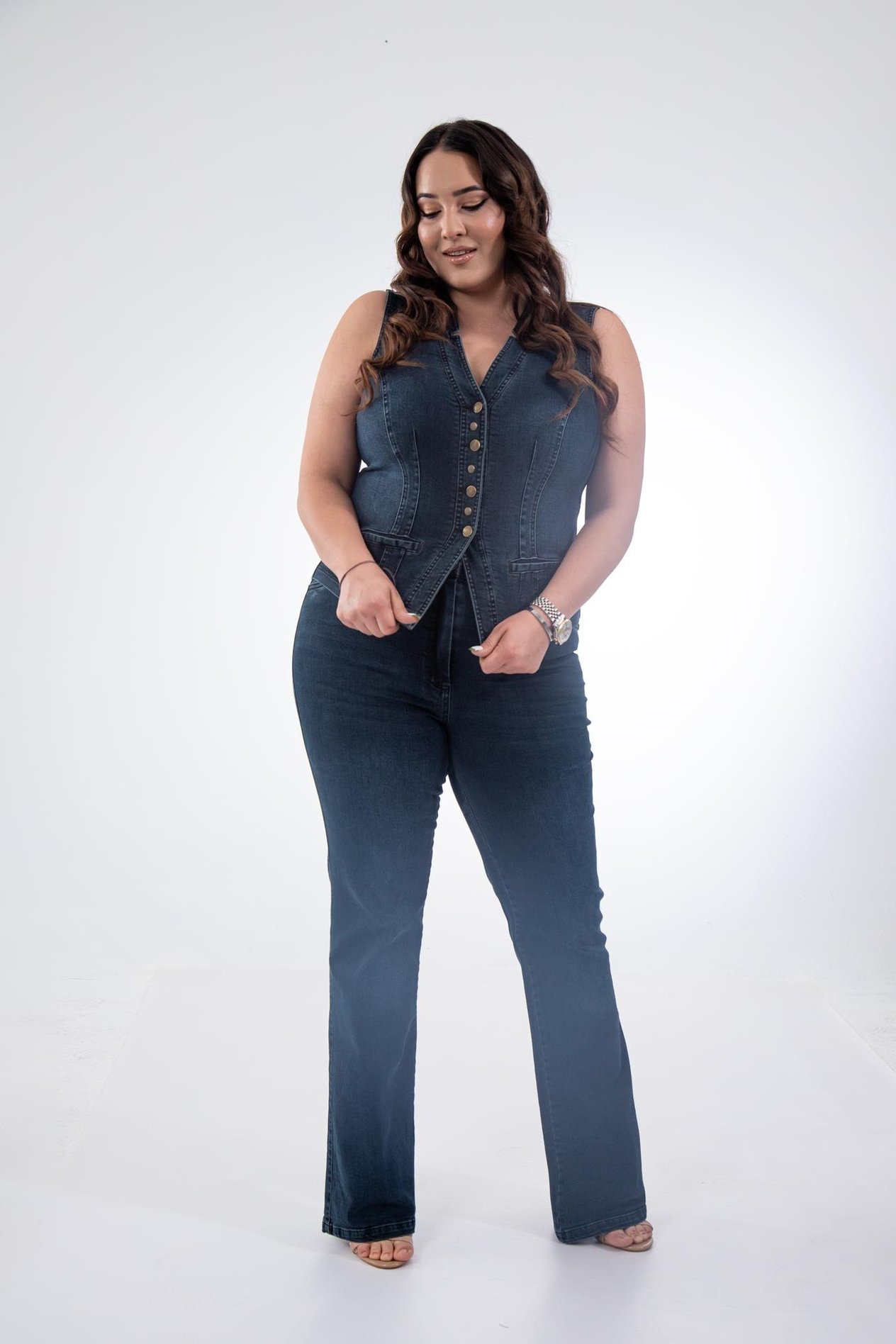 Büyük Beden 112063 Cep Detaylı Denim Yelek  Tobacco