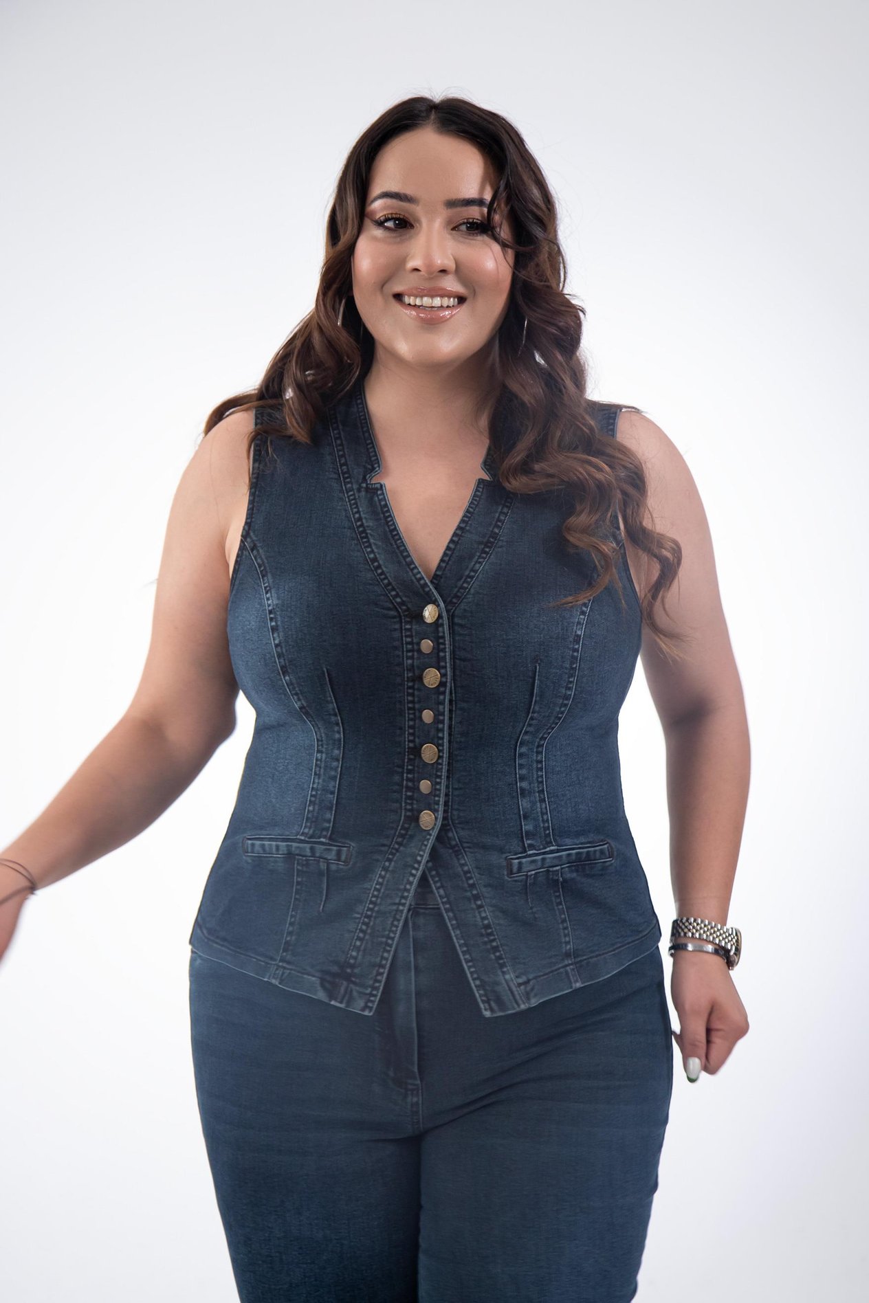 Büyük Beden 112063 Cep Detaylı Denim Yelek  Tobacco