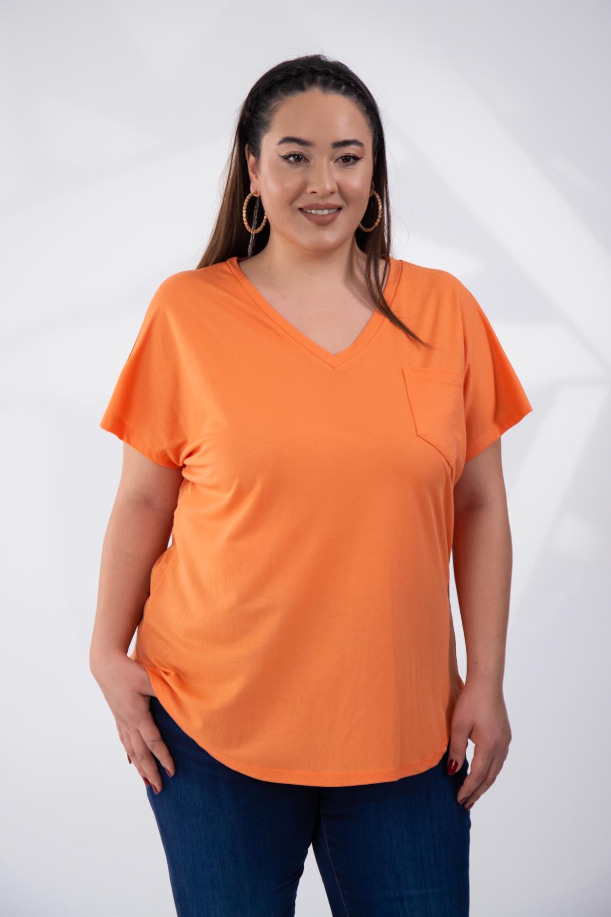 Büyük Beden 1122457 Beria V Yaka Bluz  Oranj