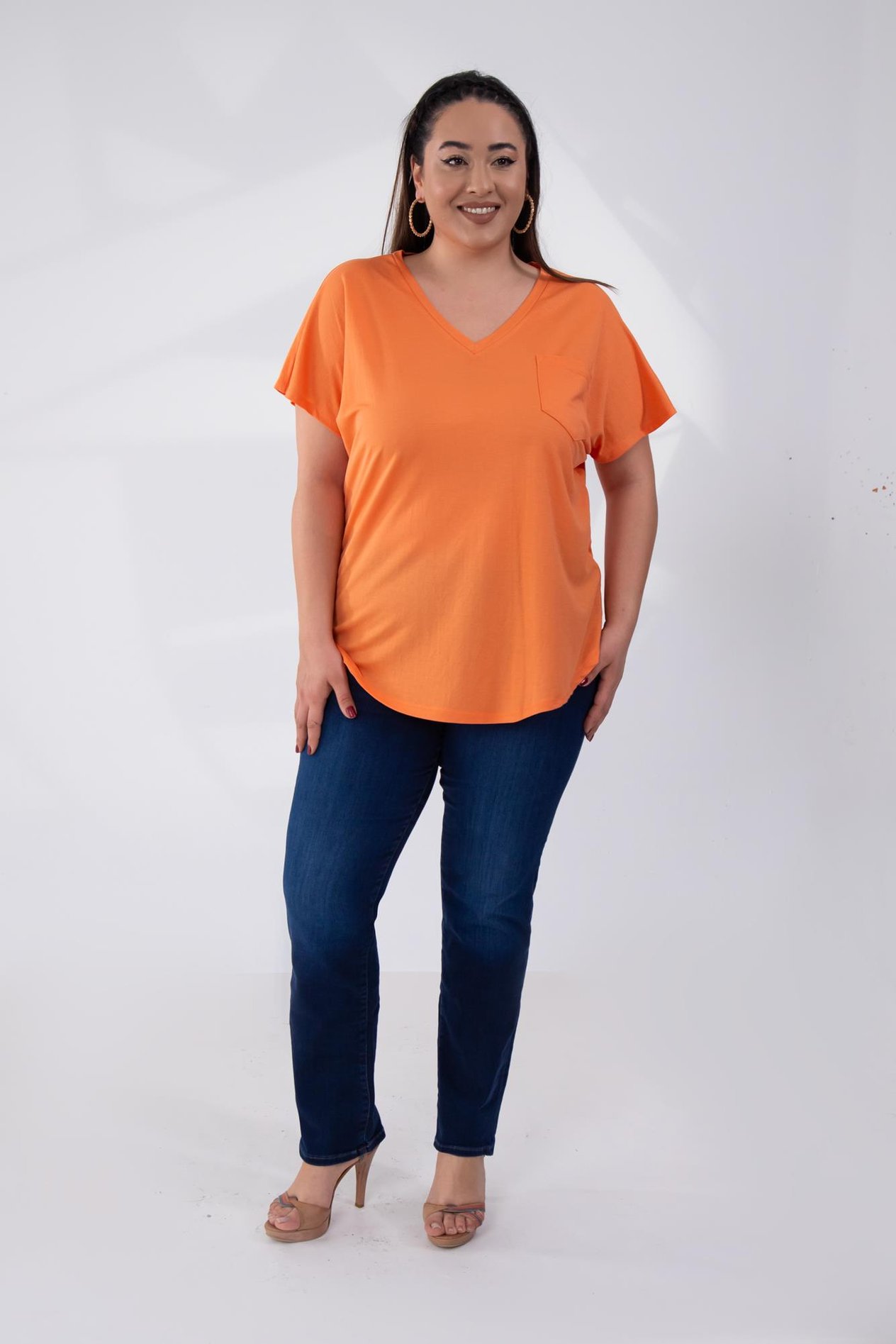 Büyük Beden 1122457 Beria V Yaka Bluz  Oranj