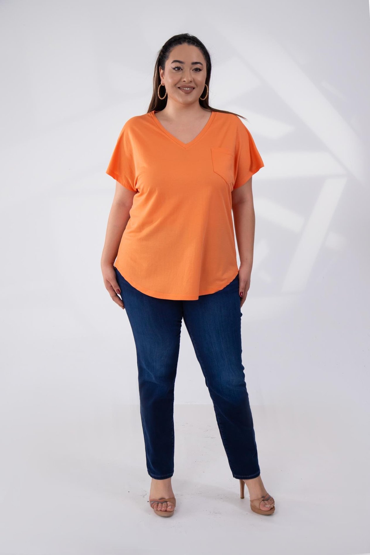 Büyük Beden 1122457 Beria V Yaka Bluz  Oranj