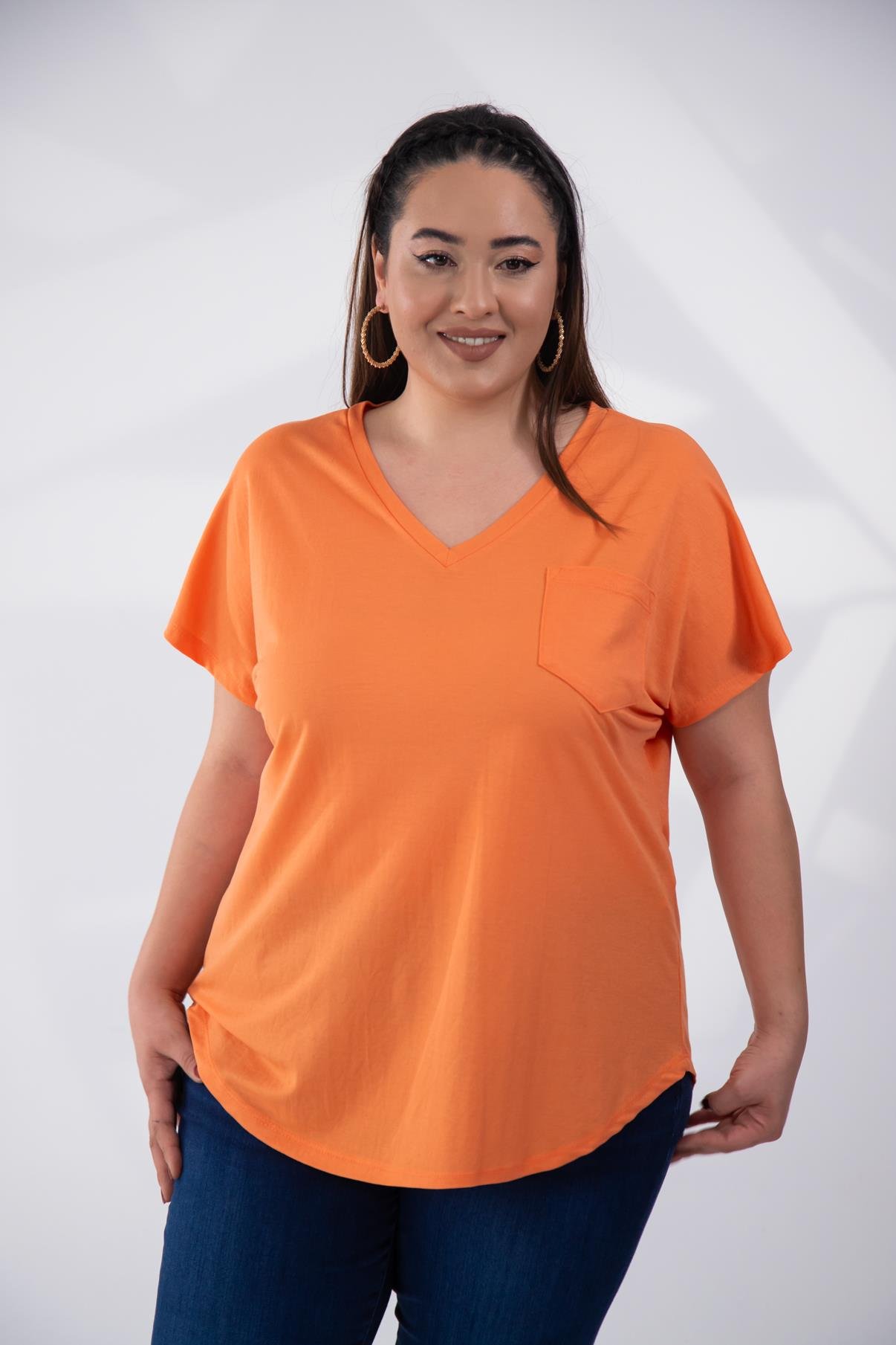 Büyük Beden 1122457 Beria V Yaka Bluz  Oranj