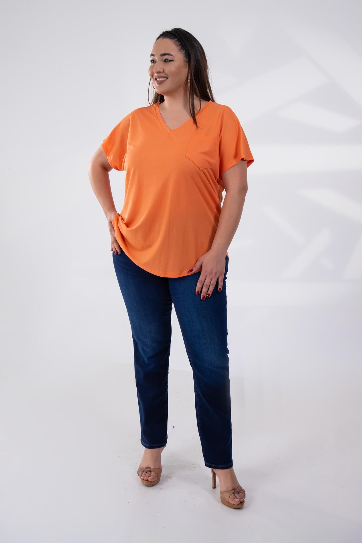 Büyük Beden 1122457 Beria V Yaka Bluz  Oranj