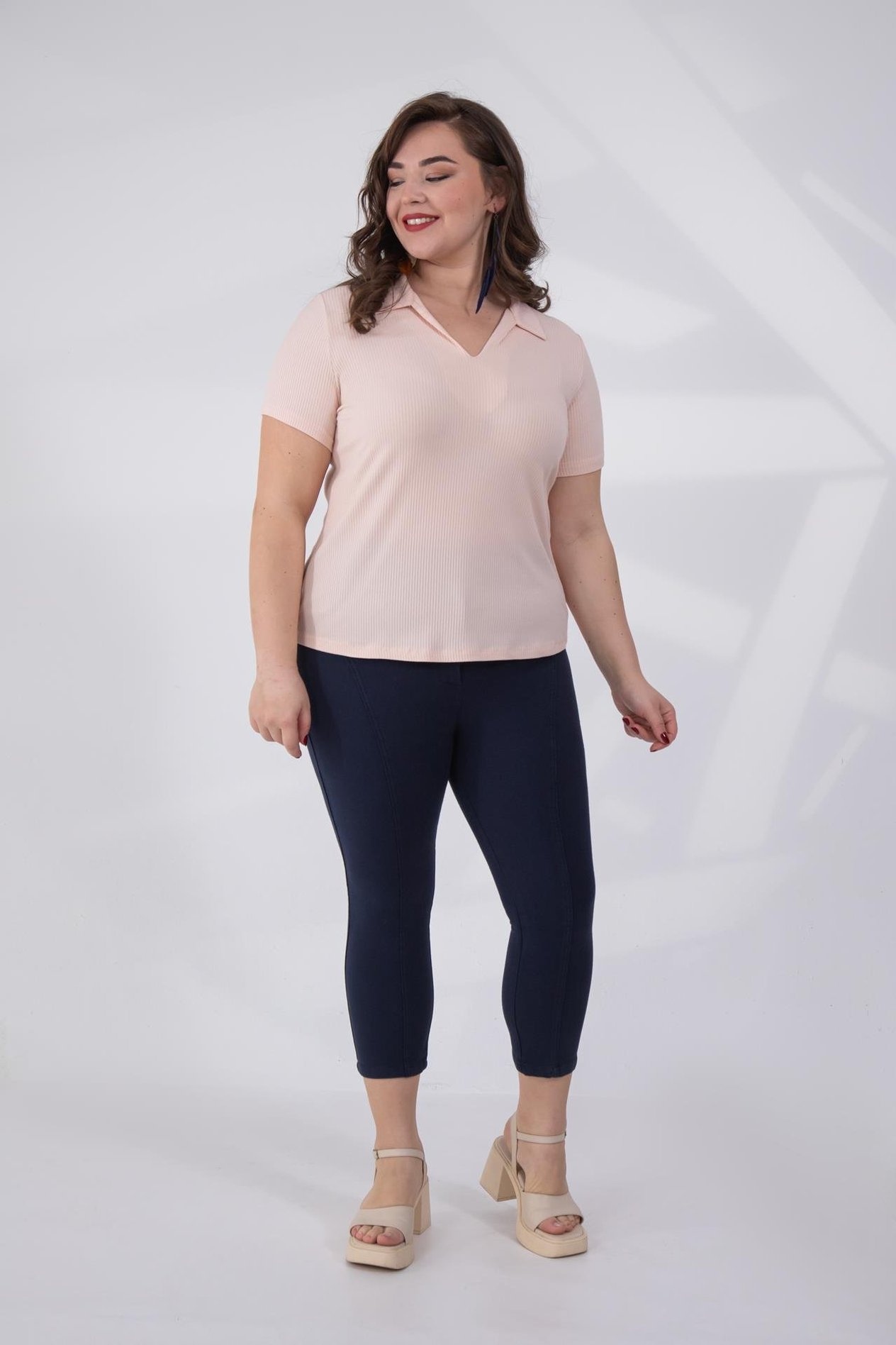 Büyük Beden 1122474 Gömlek Yaka Fitilli  Bluz  Somon