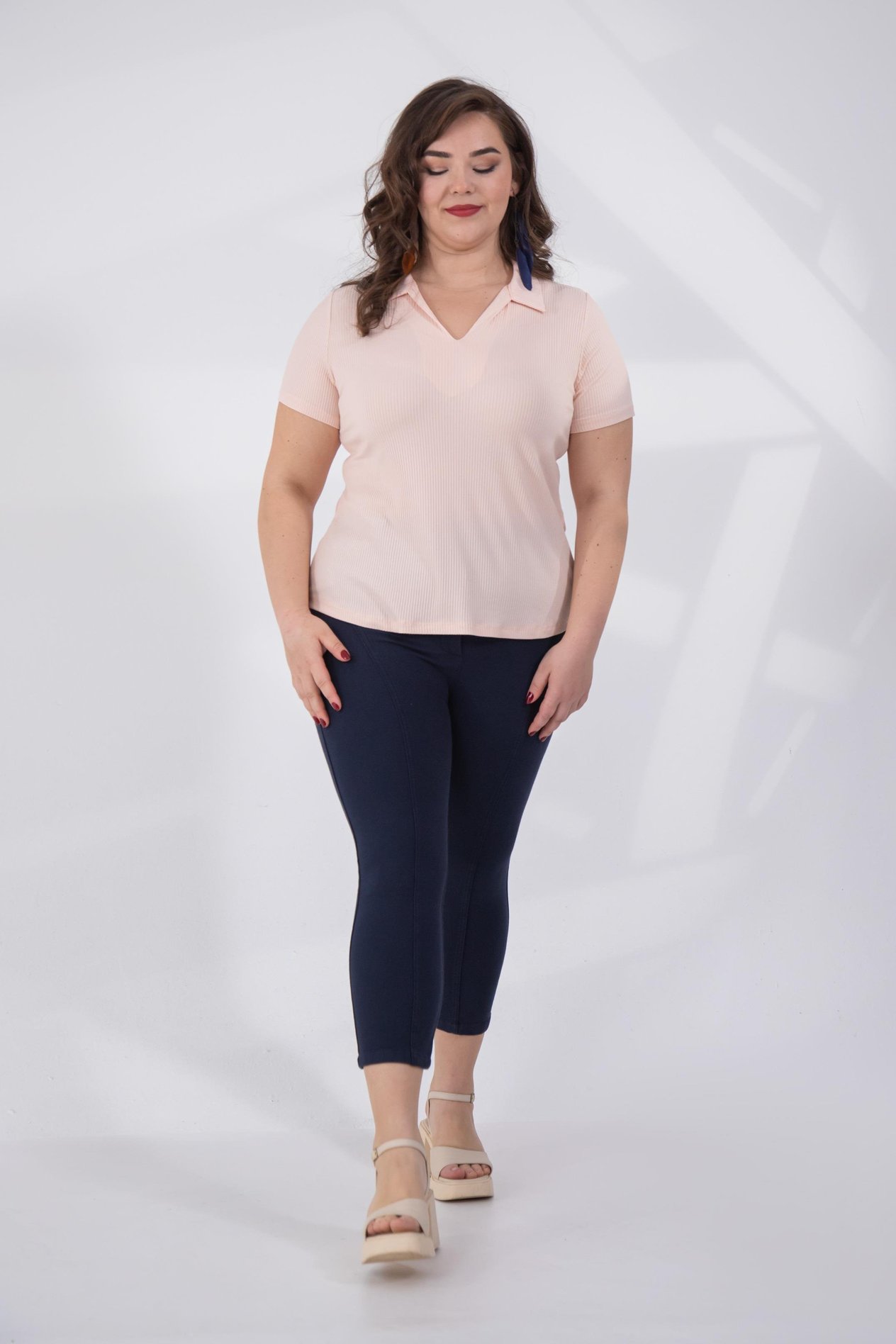 Büyük Beden 1122474 Gömlek Yaka Fitilli  Bluz  Somon