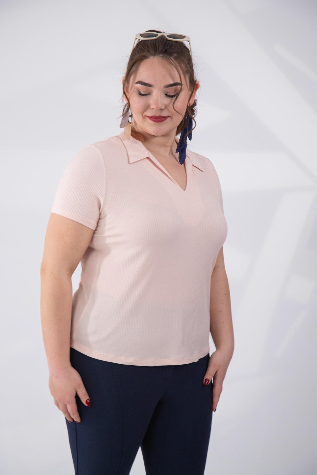 Büyük Beden 1122474 Gömlek Yaka Fitilli  Bluz  Somon
